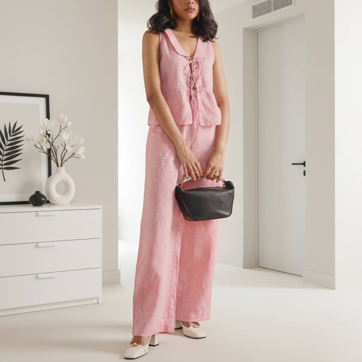 Linen Set Women, Tie Front Linen Top And Wide Leg Pants Set
