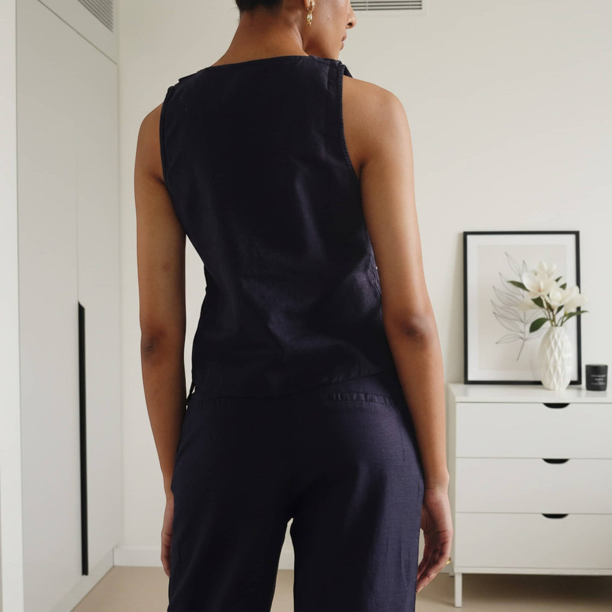 Linen Set Women, Tie Front Linen Top And Wide Leg Pants Set