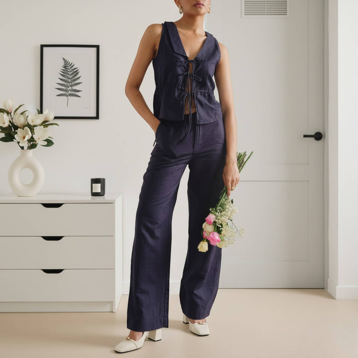 Linen Set Women, Tie Front Linen Top And Wide Leg Pants Set