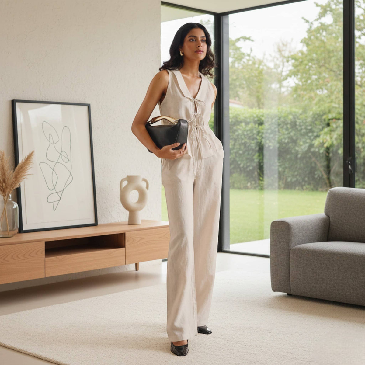 Linen Set Women, Tie Front Linen Top And Wide Leg Pants Set