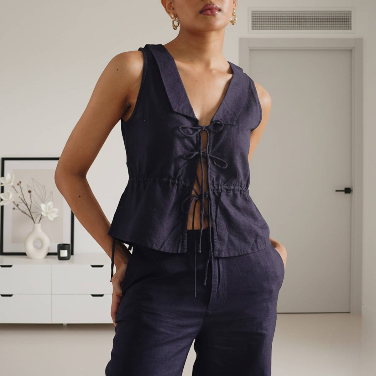 Linen Set Women, Tie Front Linen Top And Wide Leg Pants Set