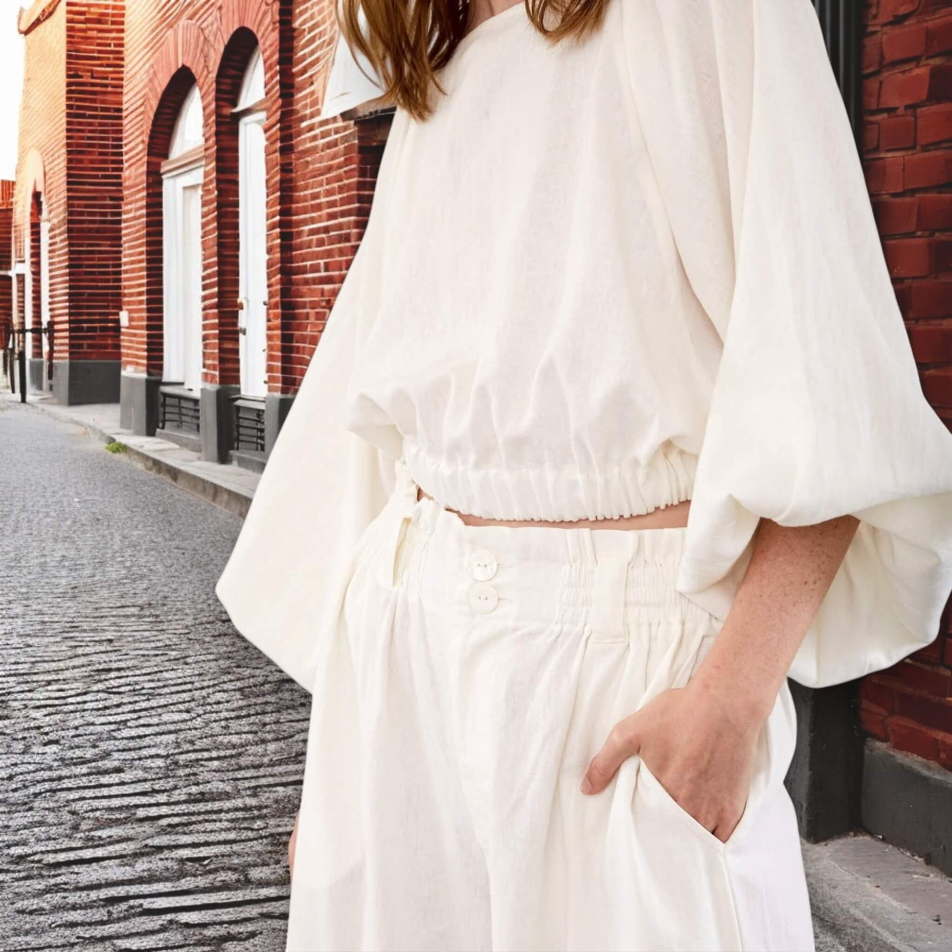 Linen Sets Summer, Puff Sleeve Cropped Linen Blouse And Wide Leg Pants Set