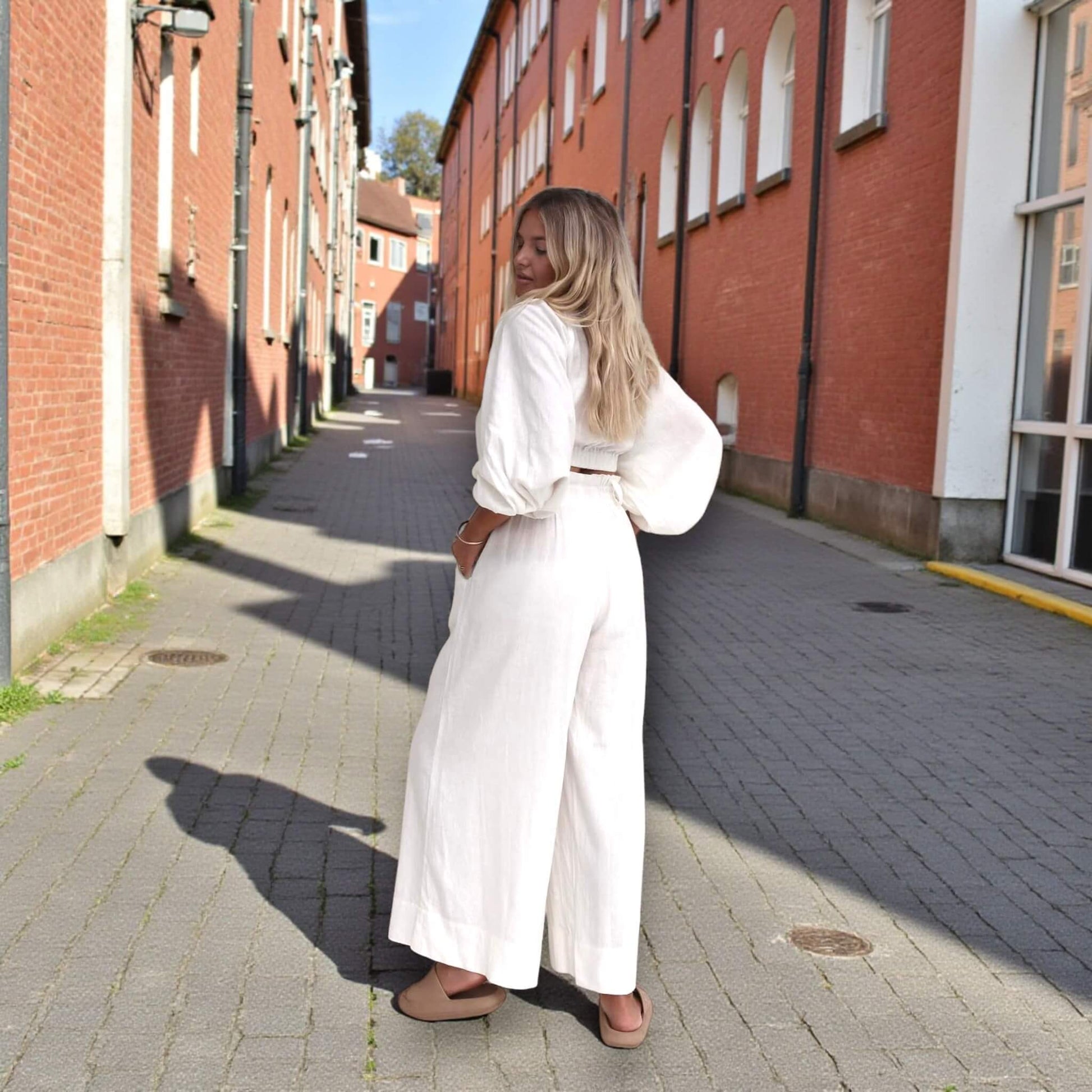 Linen Sets Summer, Puff Sleeve Cropped Linen Blouse And Wide Leg Pants Set