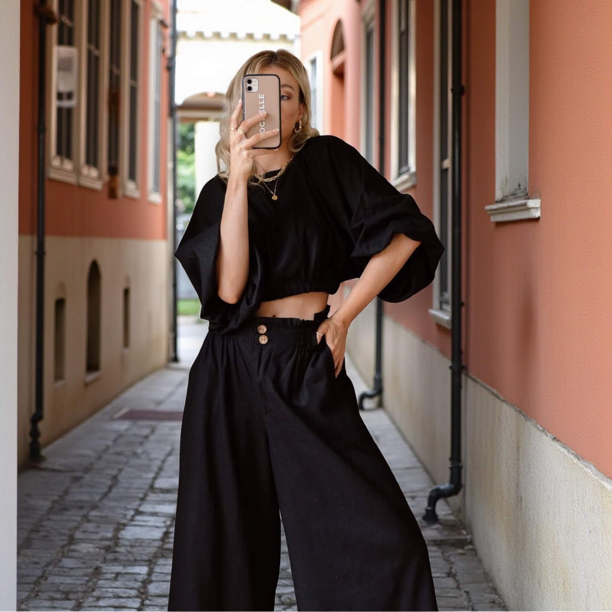 Linen Sets Summer, Puff Sleeve Cropped Linen Blouse And Wide Leg Pants Set