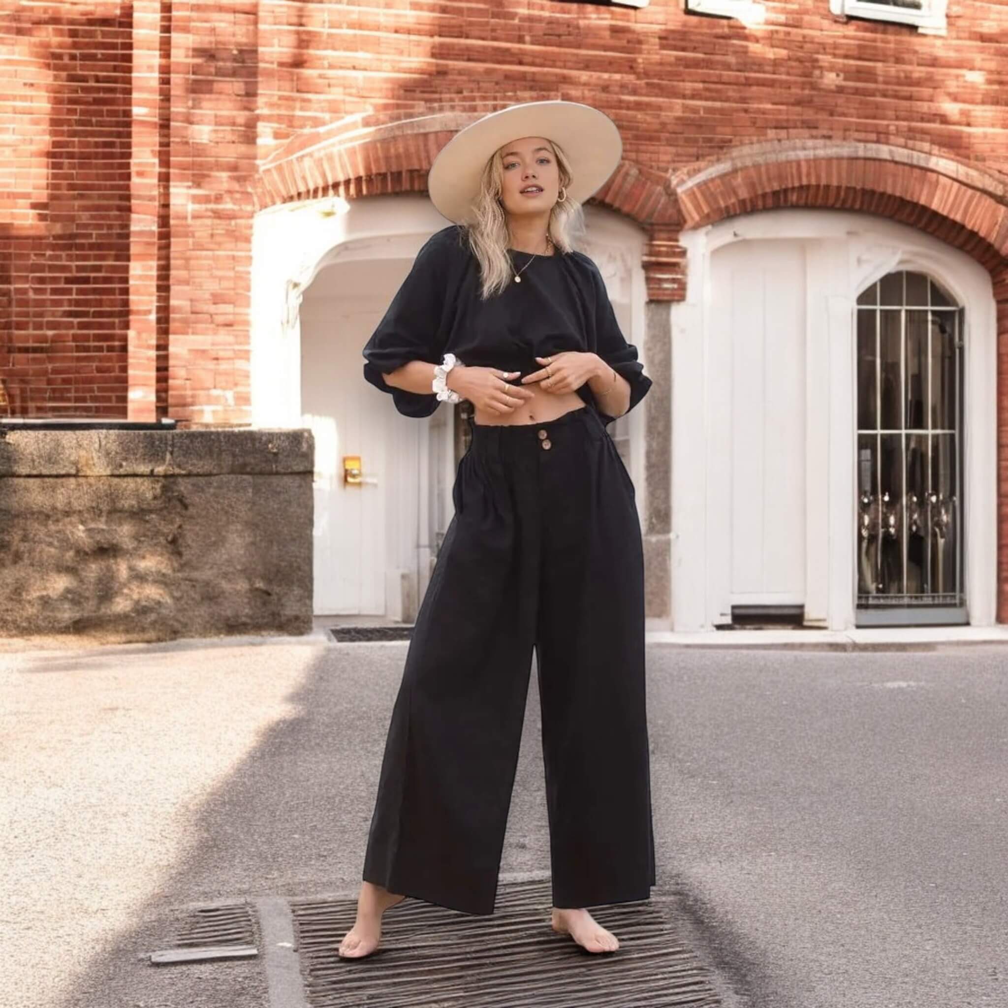 Linen Sets Summer, Puff Sleeve Cropped Linen Blouse And Wide Leg Pants Set