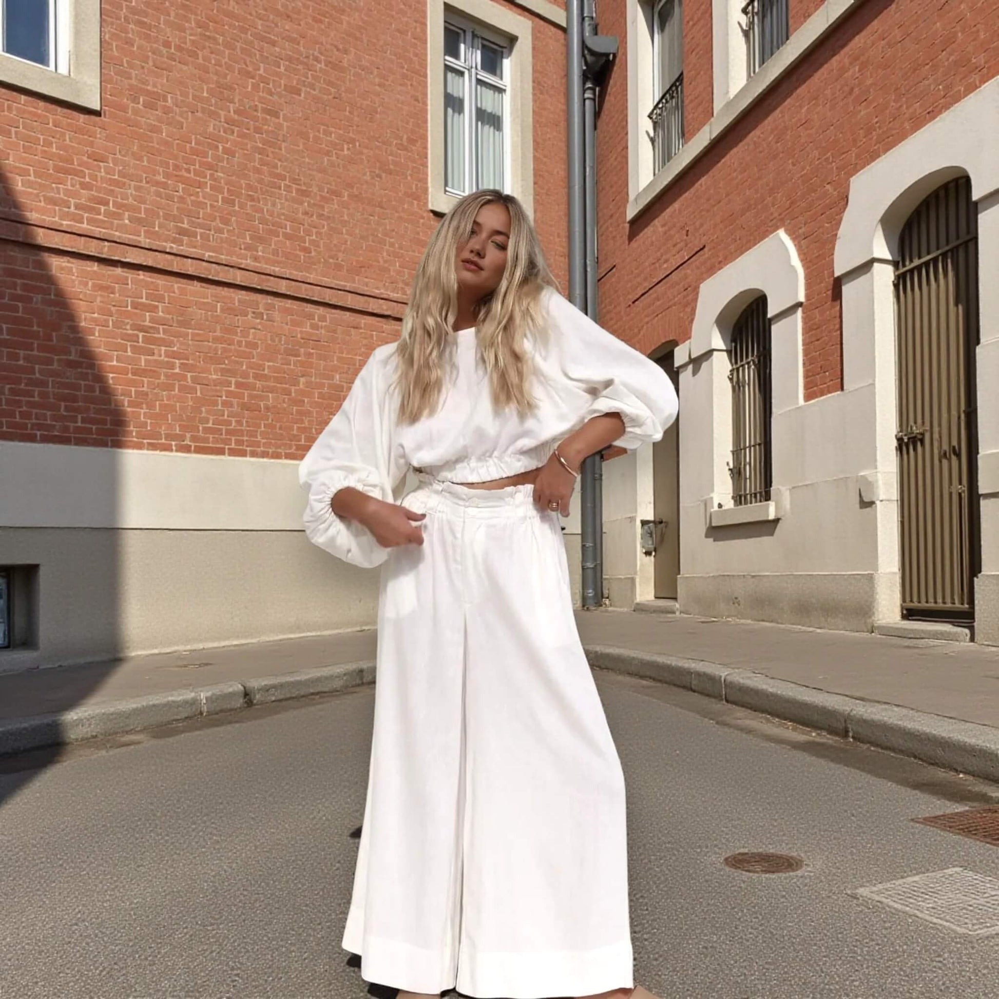 Linen Sets Summer, Puff Sleeve Cropped Linen Blouse And Wide Leg Pants Set