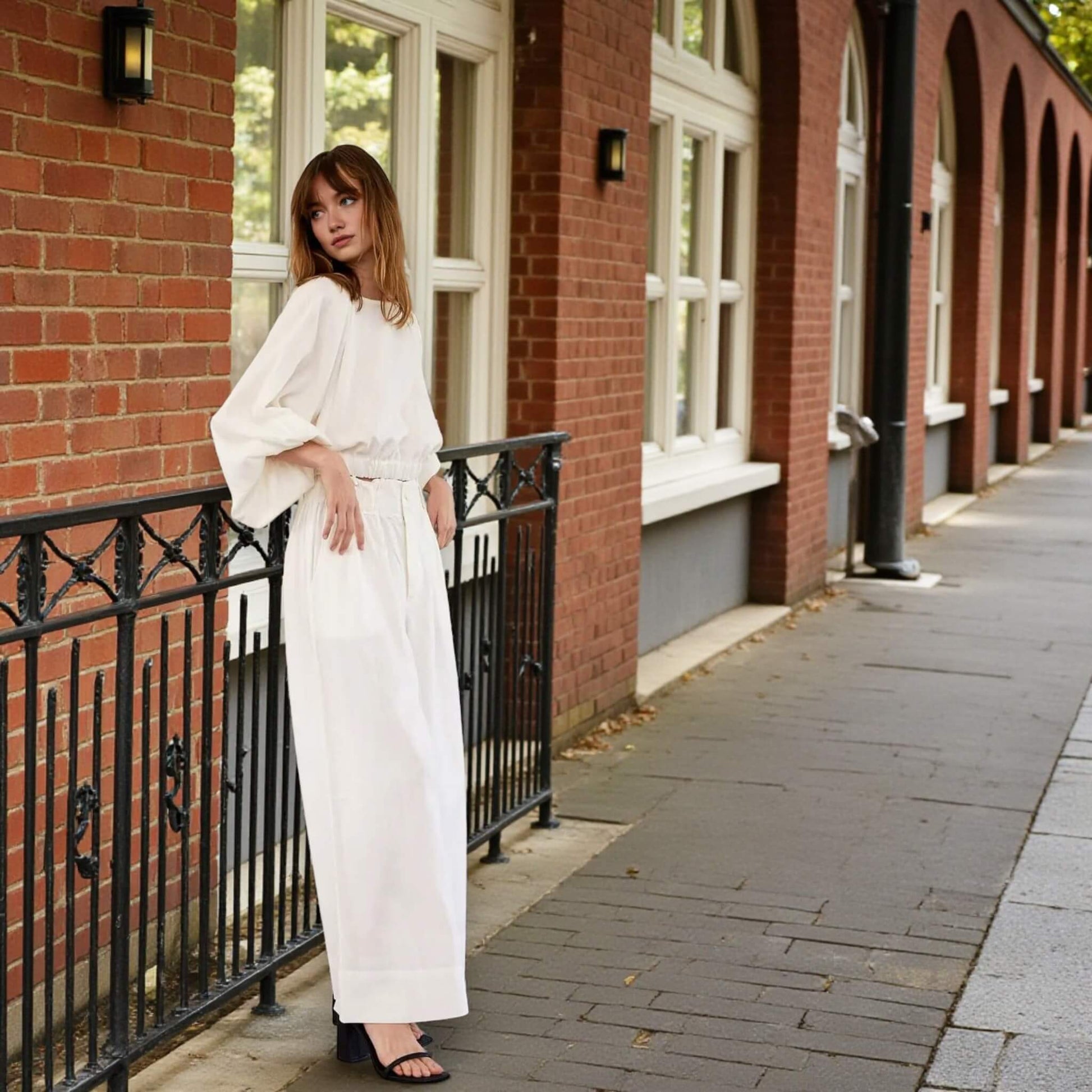 Linen Sets Summer, Puff Sleeve Cropped Linen Blouse And Wide Leg Pants Set