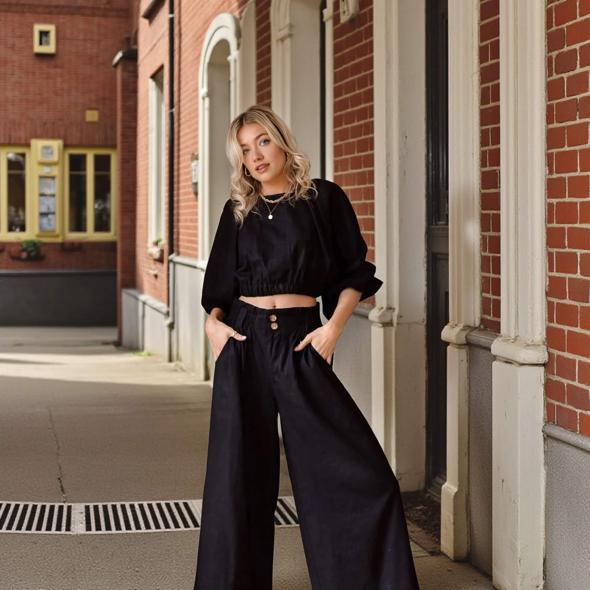 Linen Sets Summer, Puff Sleeve Cropped Linen Blouse And Wide Leg Pants Set