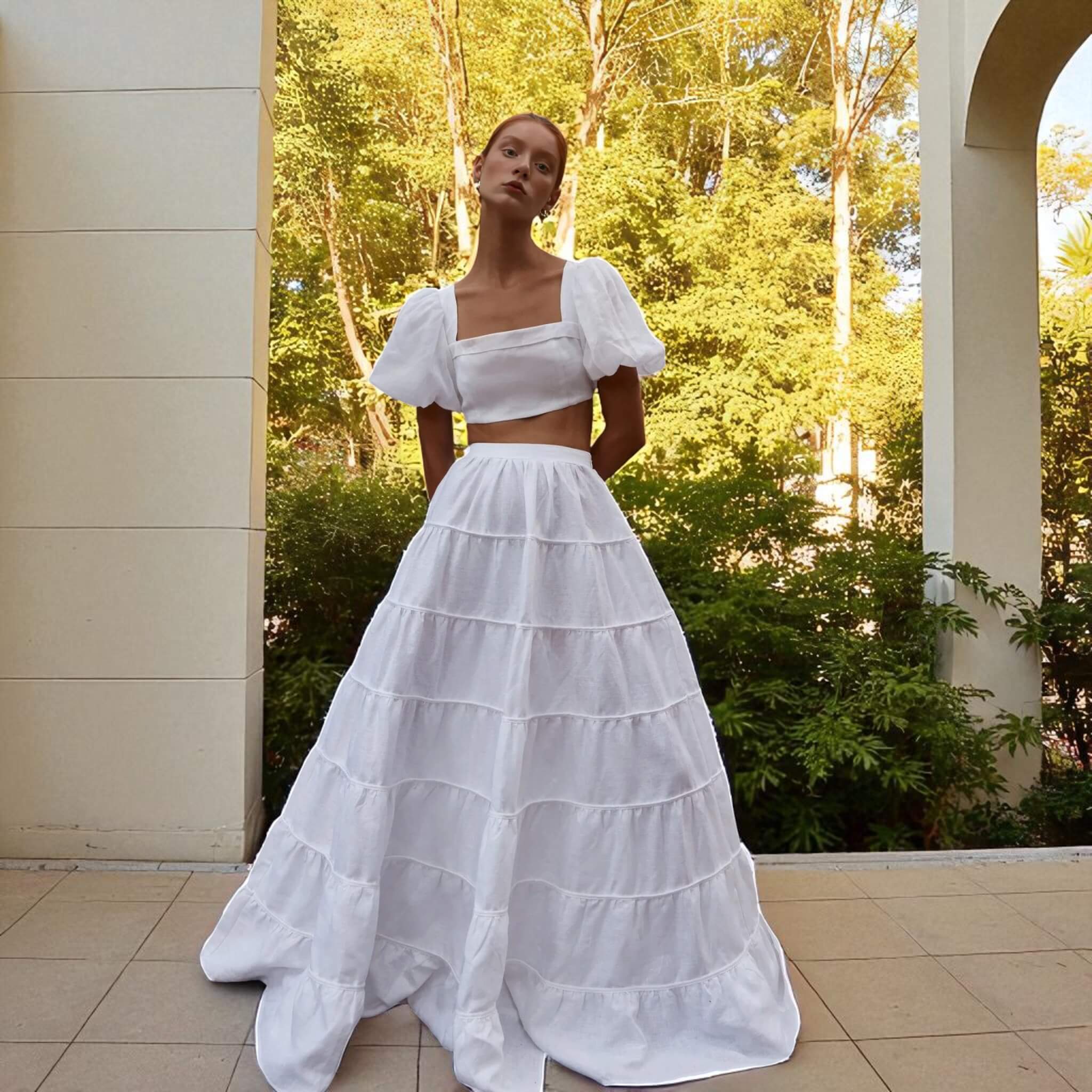 Linen Sets Summer, Puff Sleeve Linen Crop Top And Maxi Skirt Set