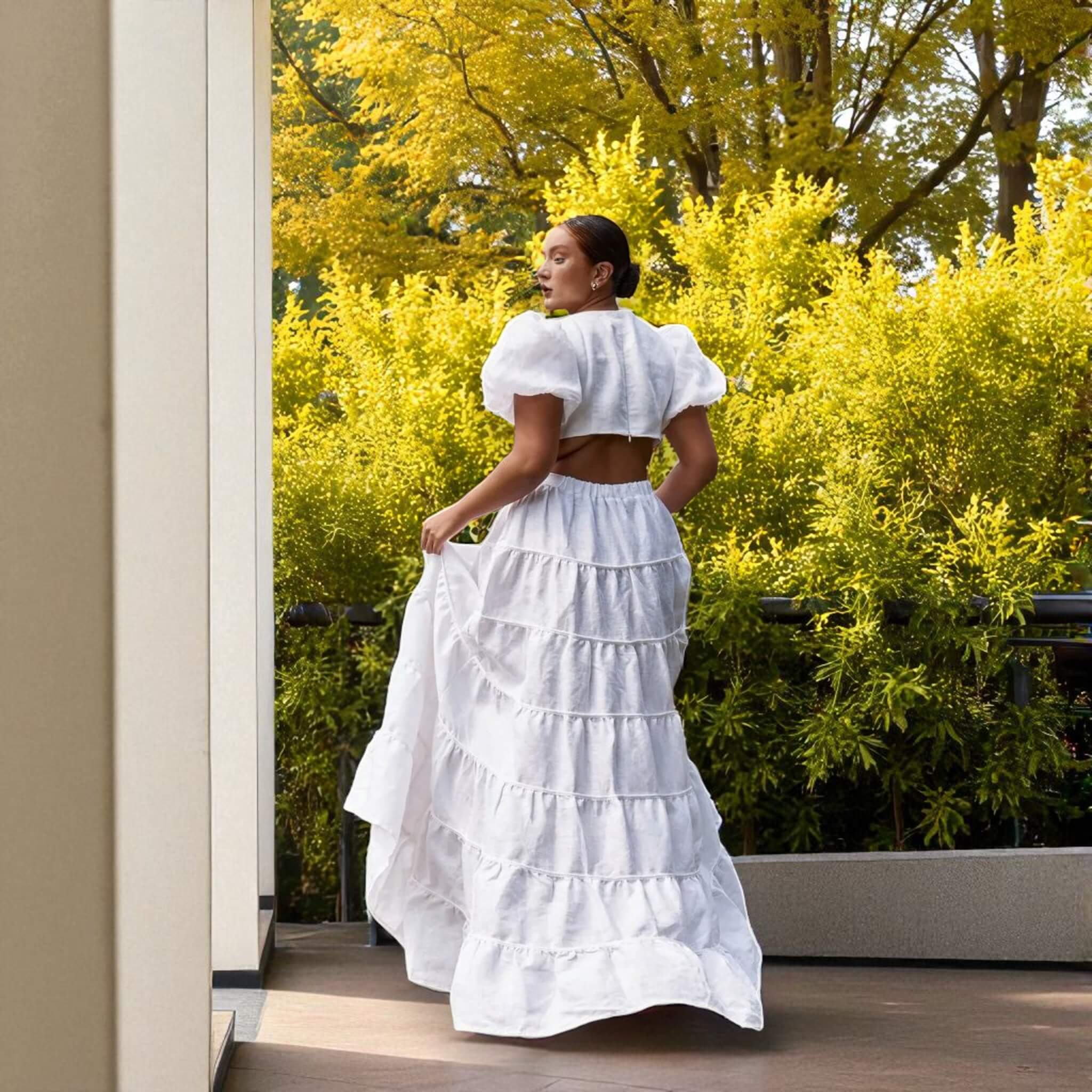 Linen Sets Summer, Puff Sleeve Linen Crop Top And Maxi Skirt Set