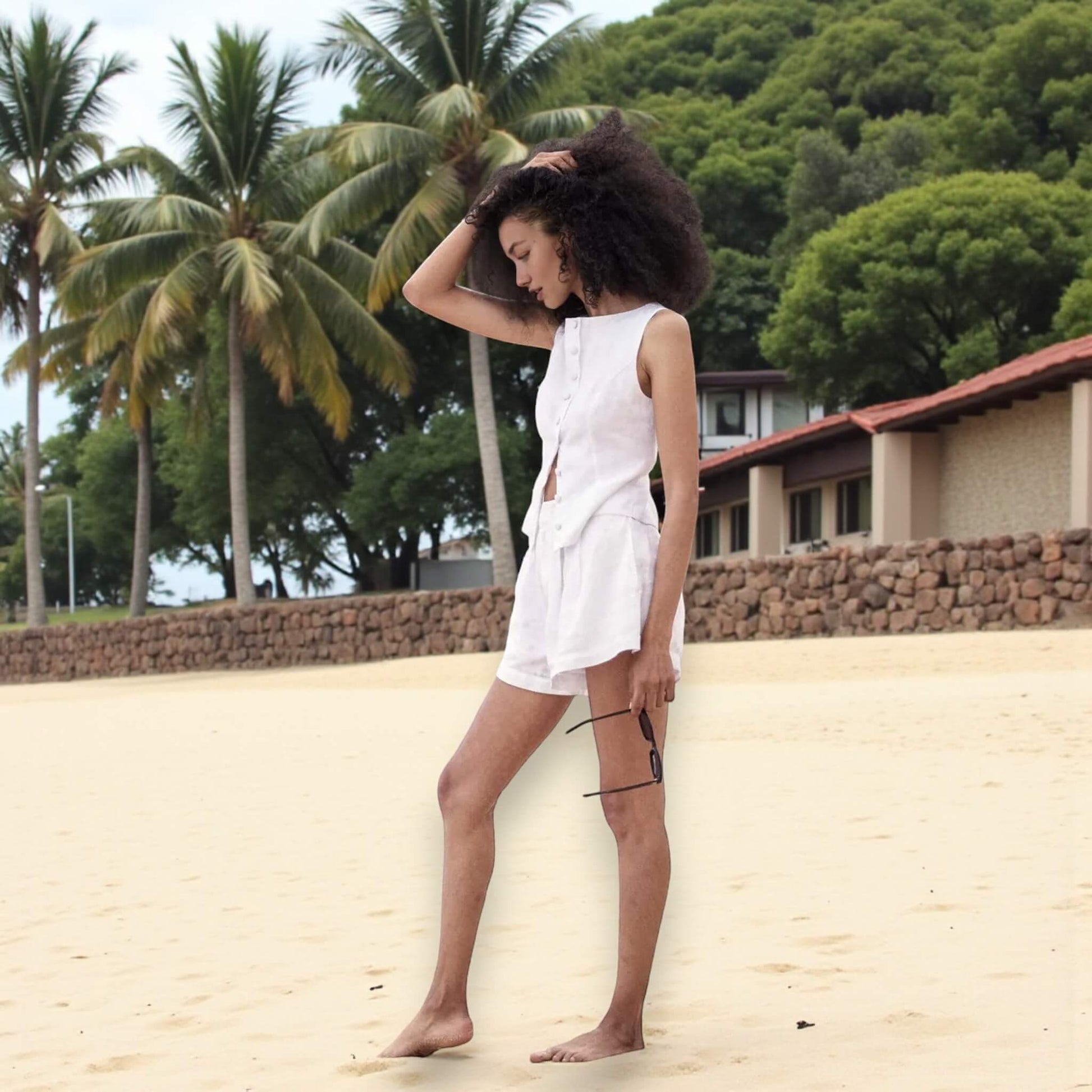 Linen Short Set, Sleeveless Boat Neck Linen Top And Shorts Set