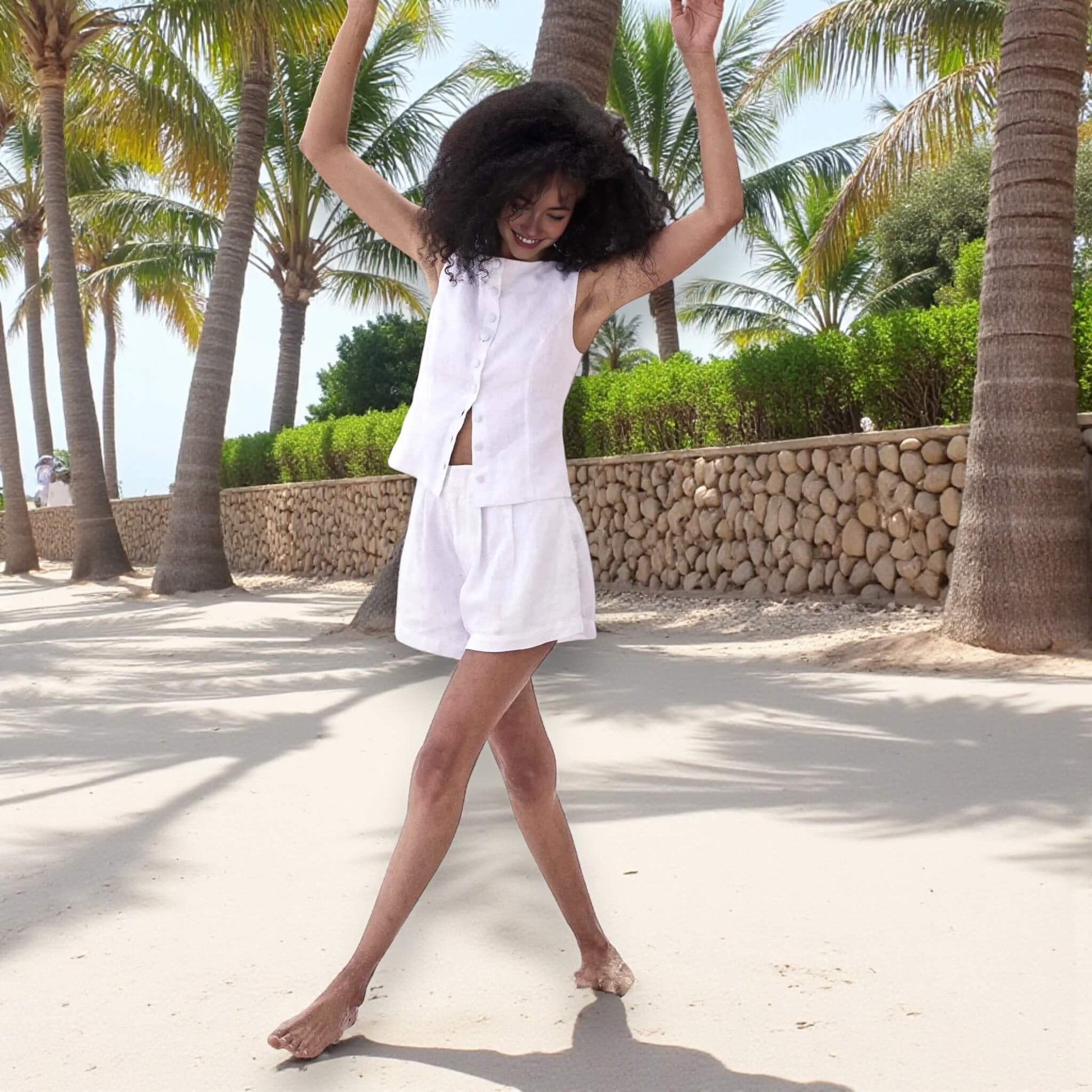 Linen Short Set, Sleeveless Boat Neck Linen Top And Shorts Set