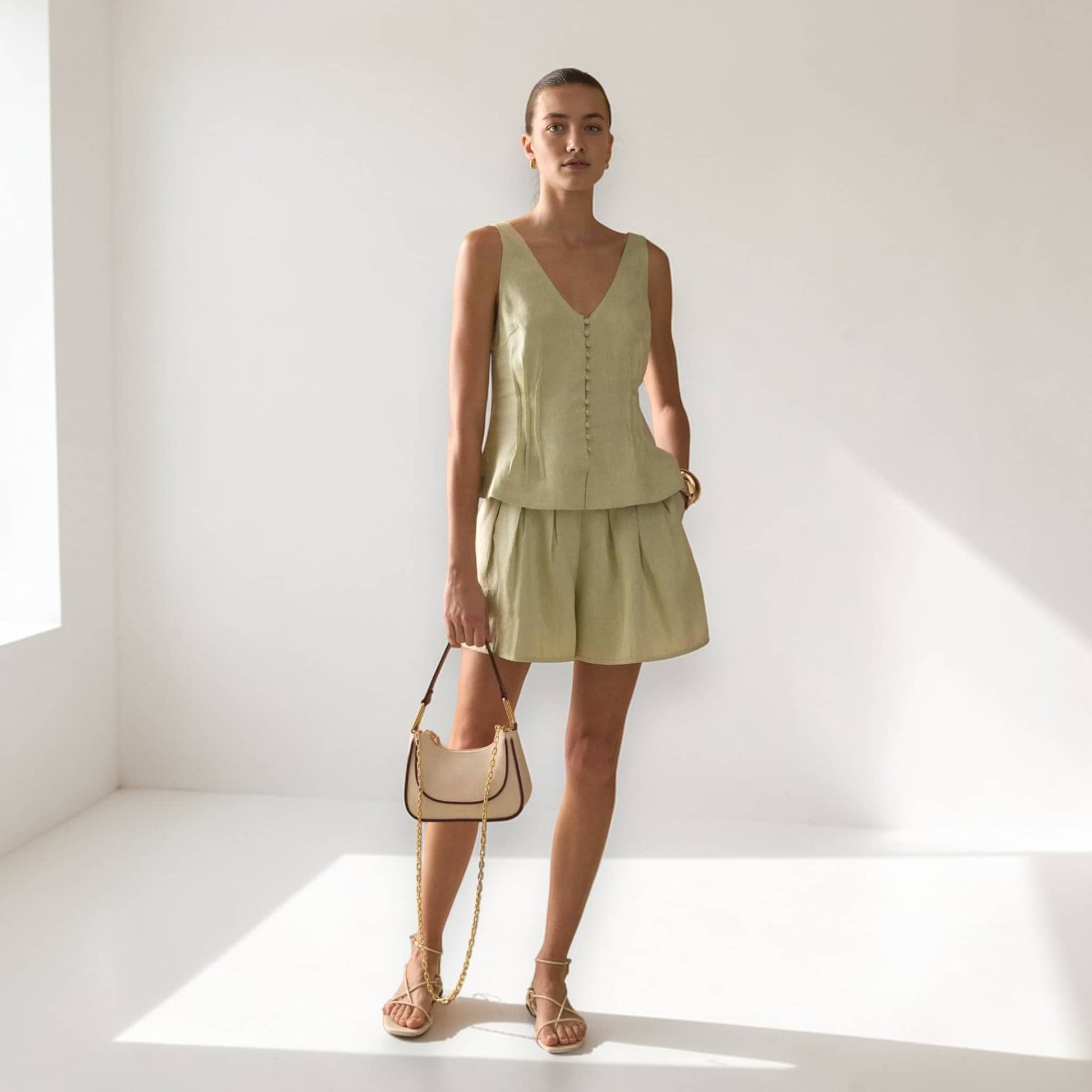 Linen Short Set, Sleeveless V Neck Linen Top And Shorts Set