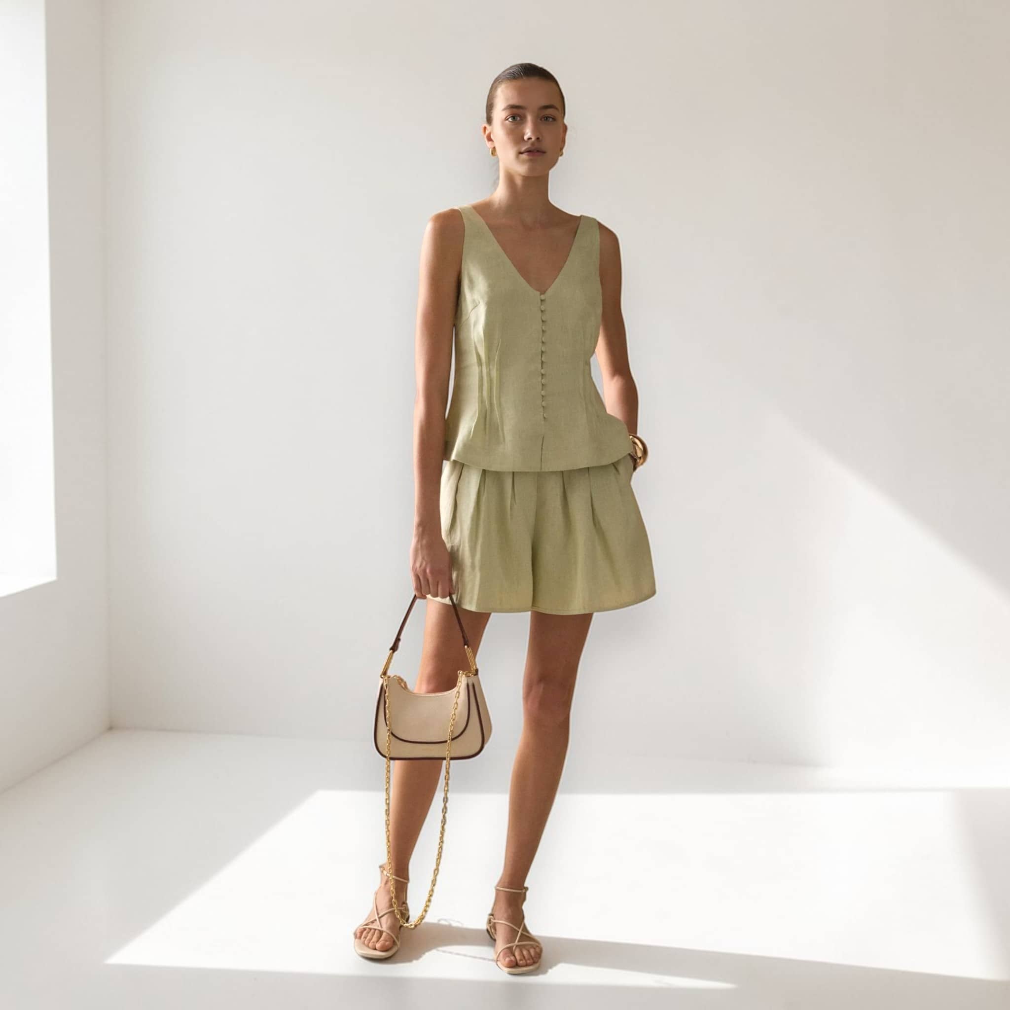 Linen Short Set, Sleeveless V Neck Linen Top And Shorts Set