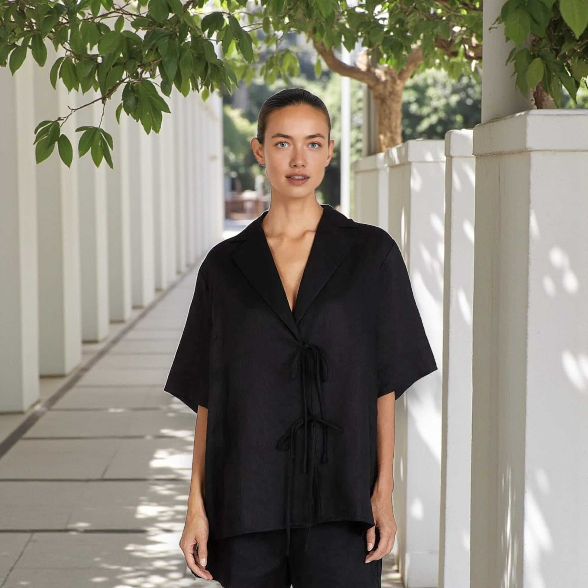 Linen Short Sleeve Blazer, Linen Short Sleeve Tie-Front Jacket
