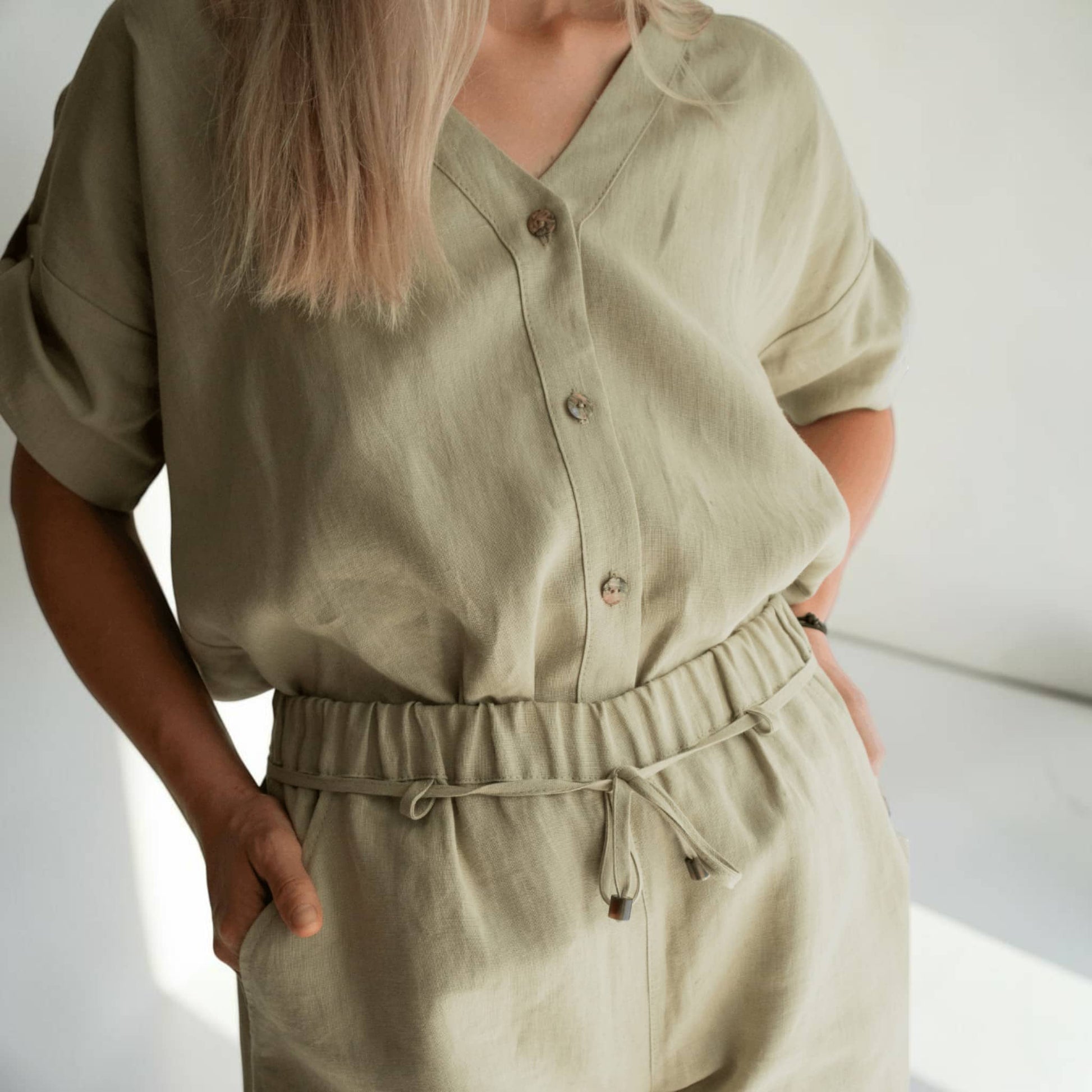 Linen Shorts Set, Button Front V Neck Top And Drawstring Shorts