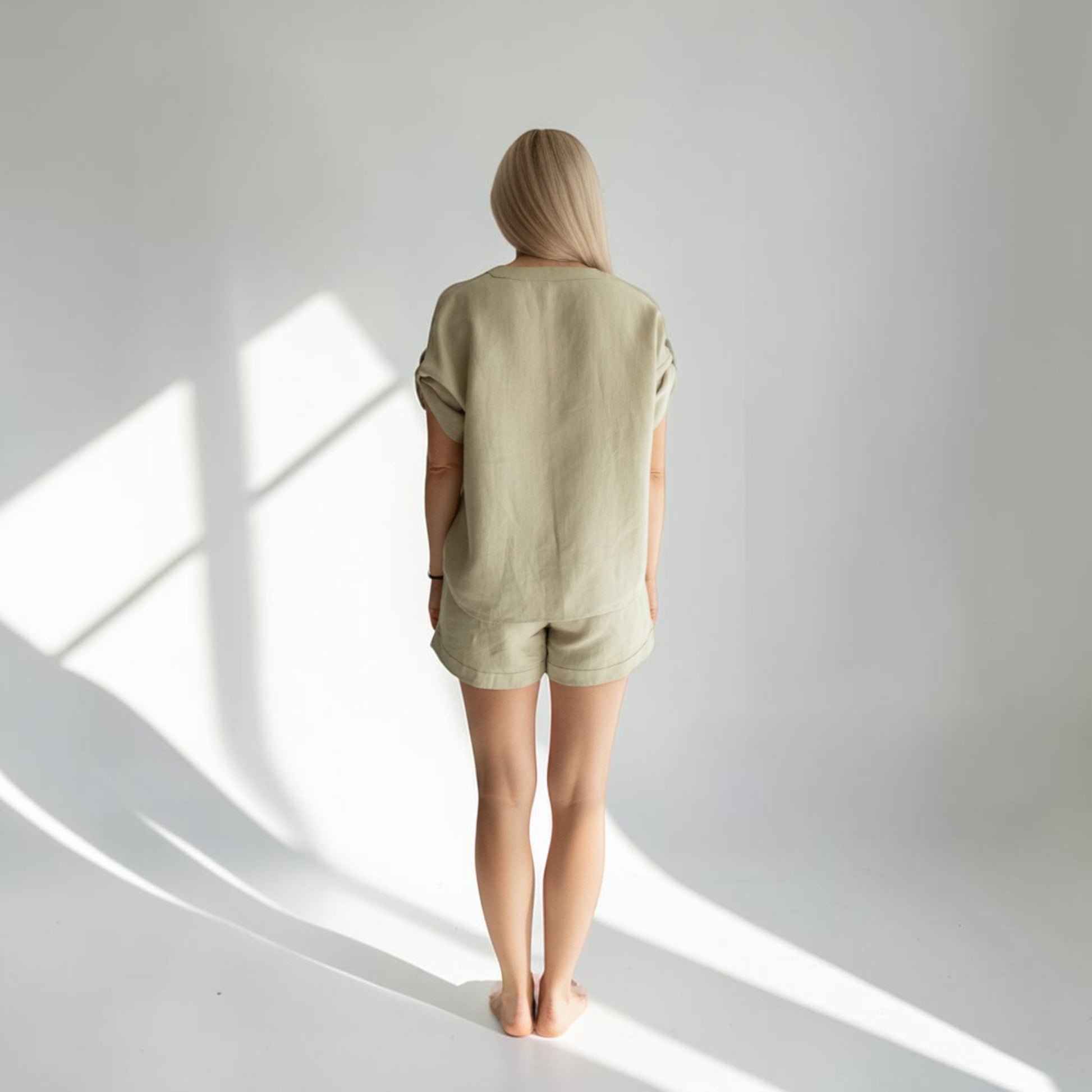 Linen Shorts Set, Button Front V Neck Top And Drawstring Shorts