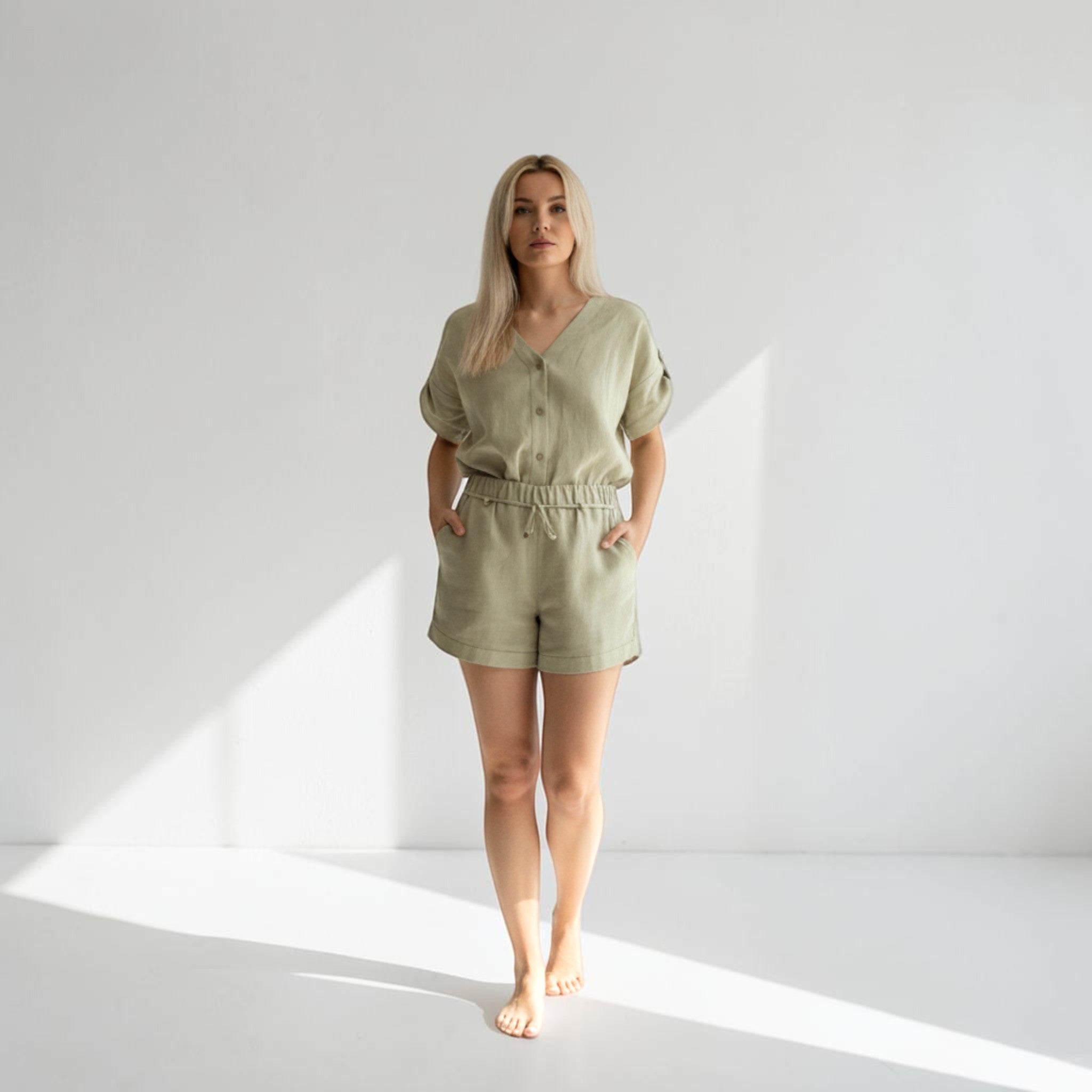 Linen Shorts Set, Button Front V Neck Top And Drawstring Shorts