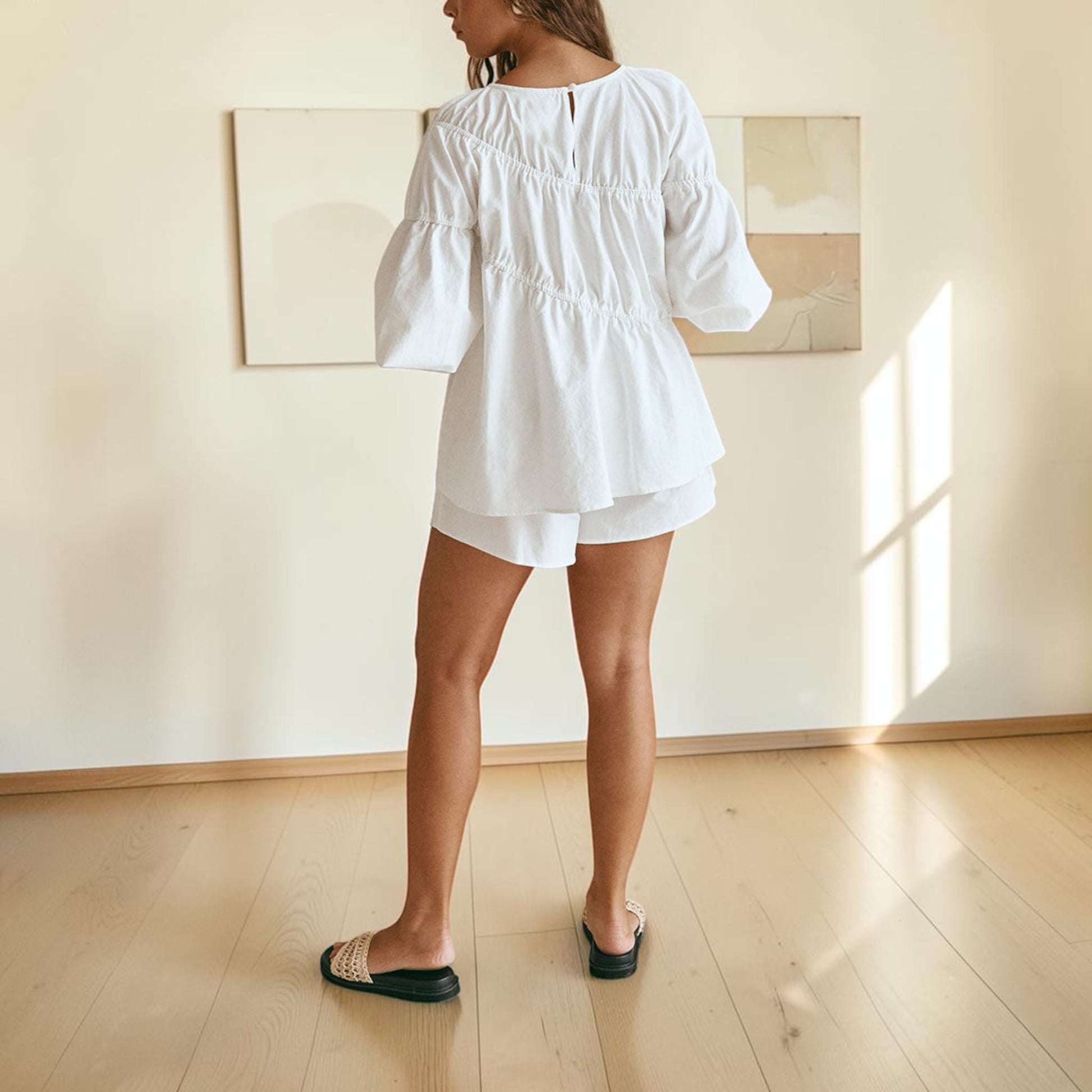 Linen Shorts Set, Smocked Gathered Blouse And High-Waisted Elastic Shorts