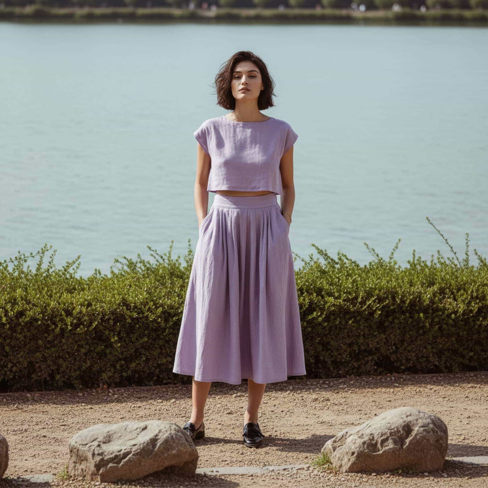 Linen Skirt Set, Boxy Crop Top And Pleated Midi Skirt