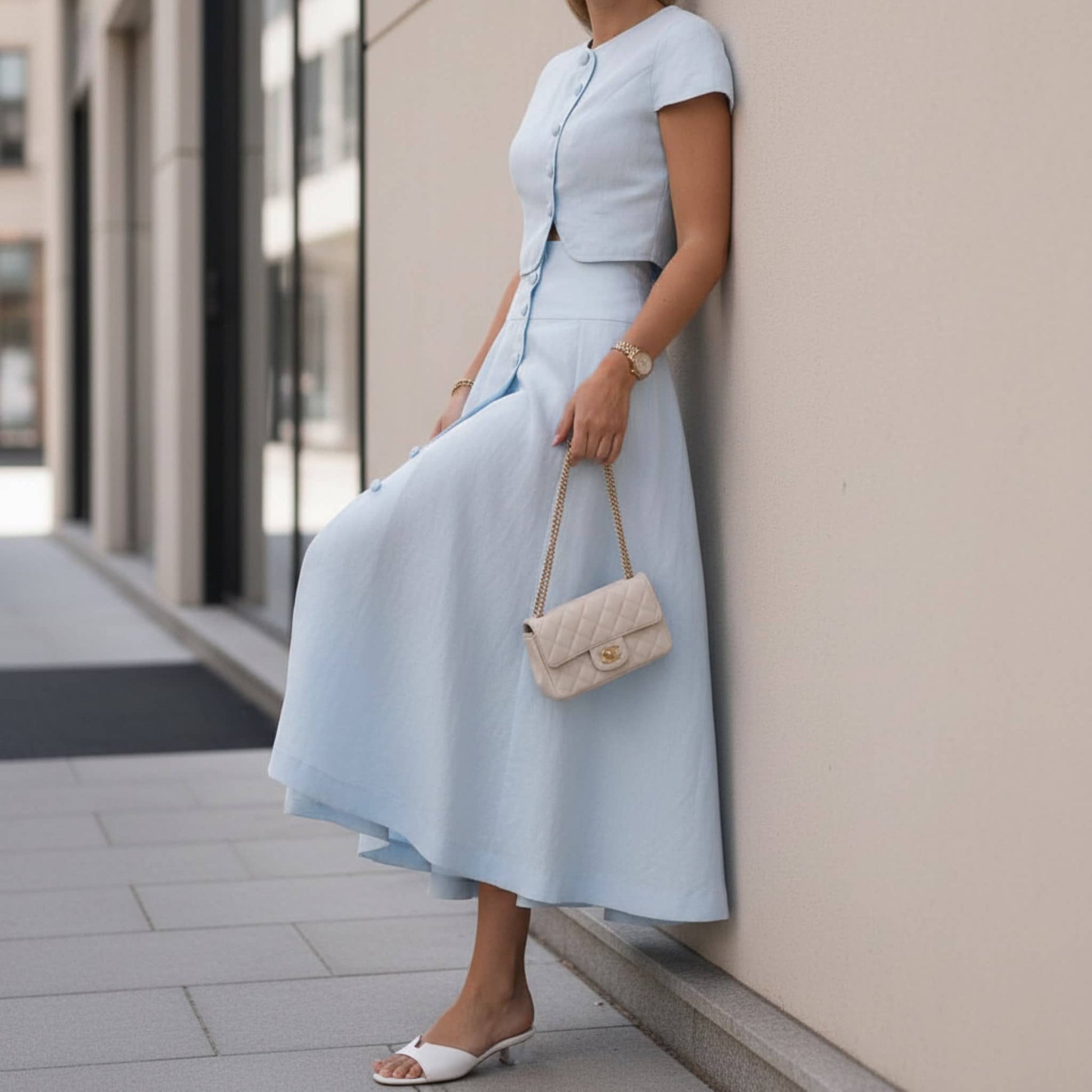 Linen Skirt Set, Button Front Crop Top And Maxi Skirt