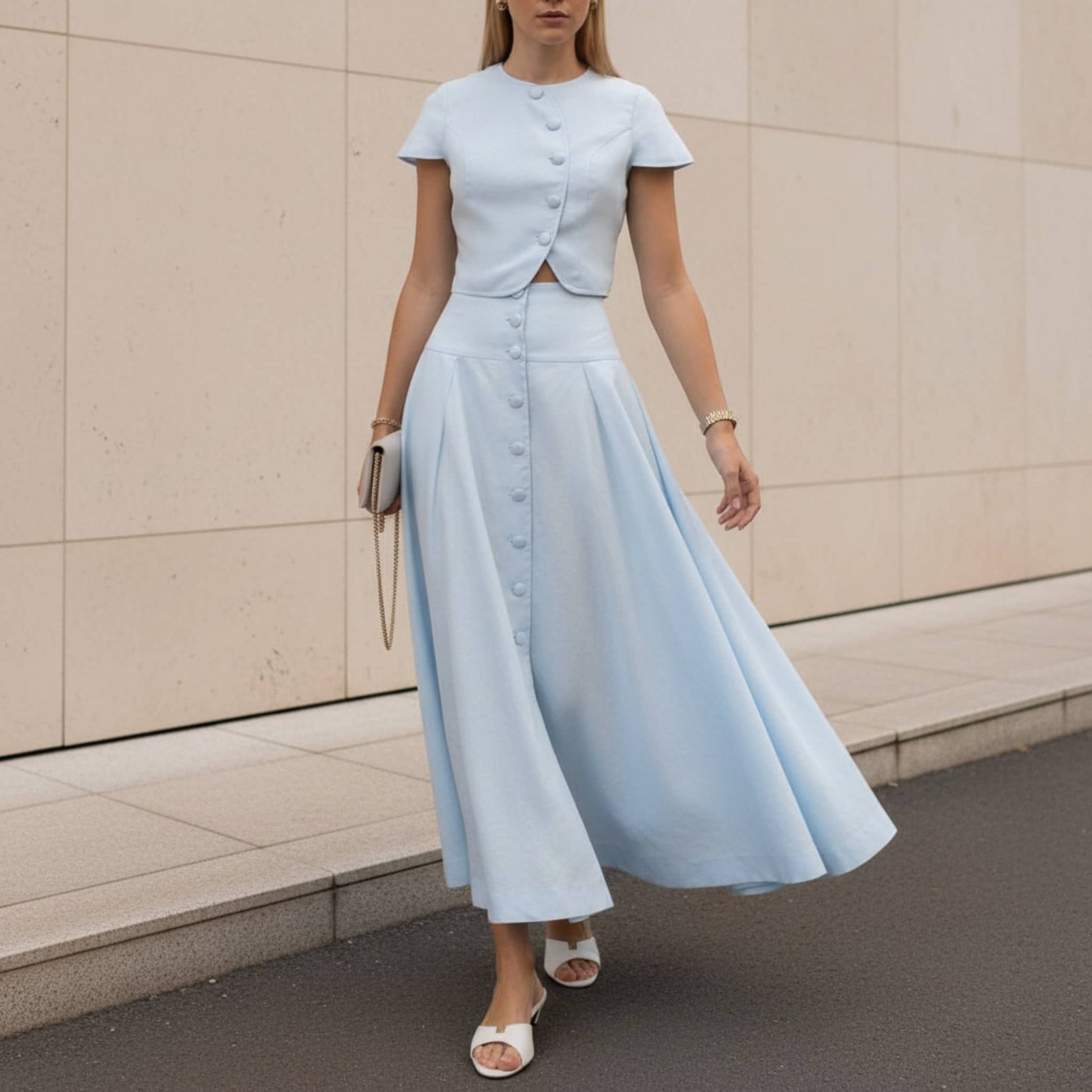 Linen Skirt Set, Button Front Crop Top And Maxi Skirt