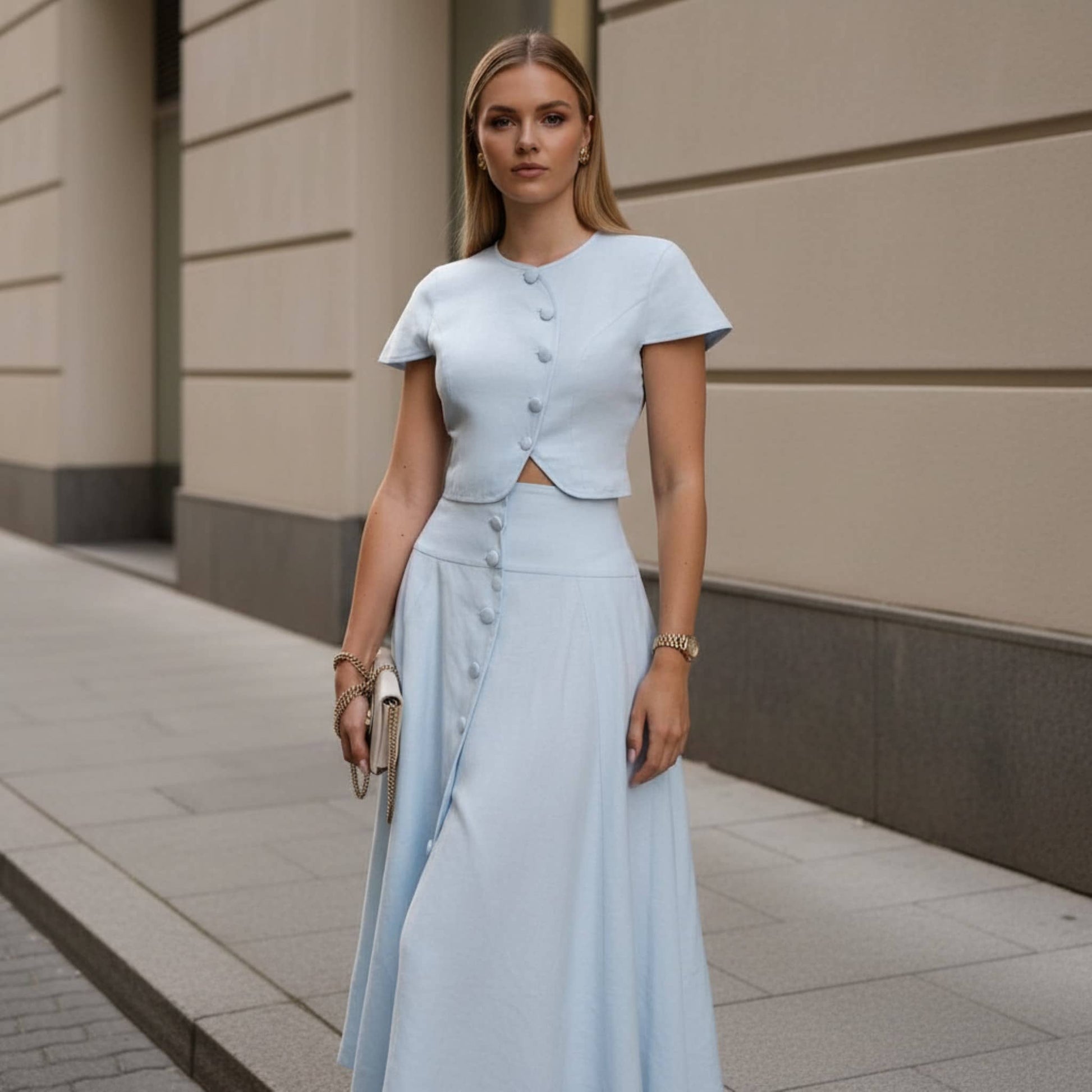 Linen Skirt Set, Button Front Crop Top And Maxi Skirt