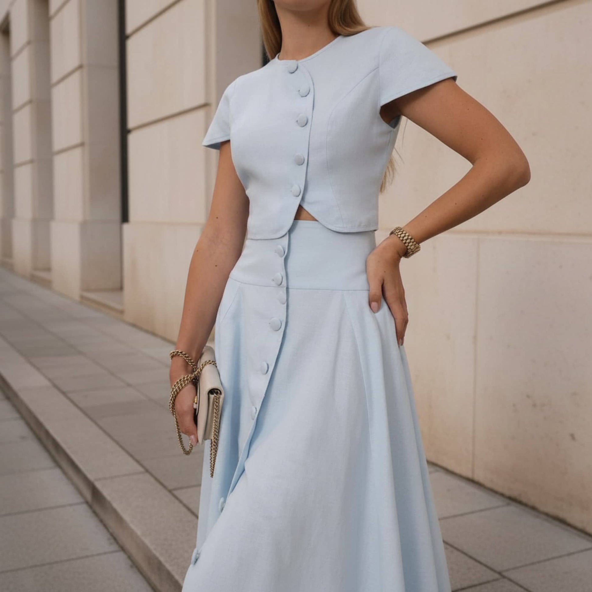 Linen Skirt Set, Button Front Crop Top And Maxi Skirt
