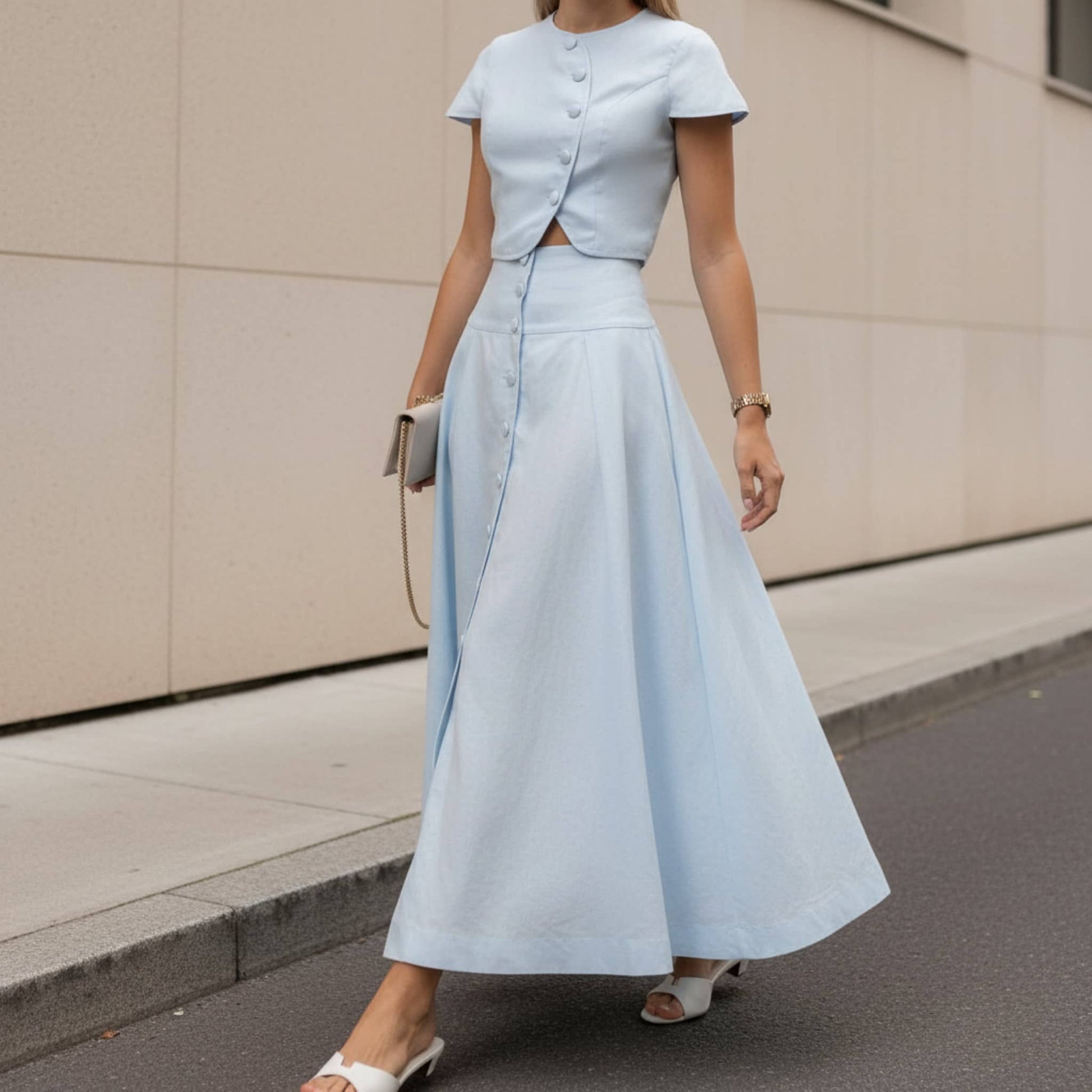 Linen Skirt Set, Button Front Crop Top And Maxi Skirt