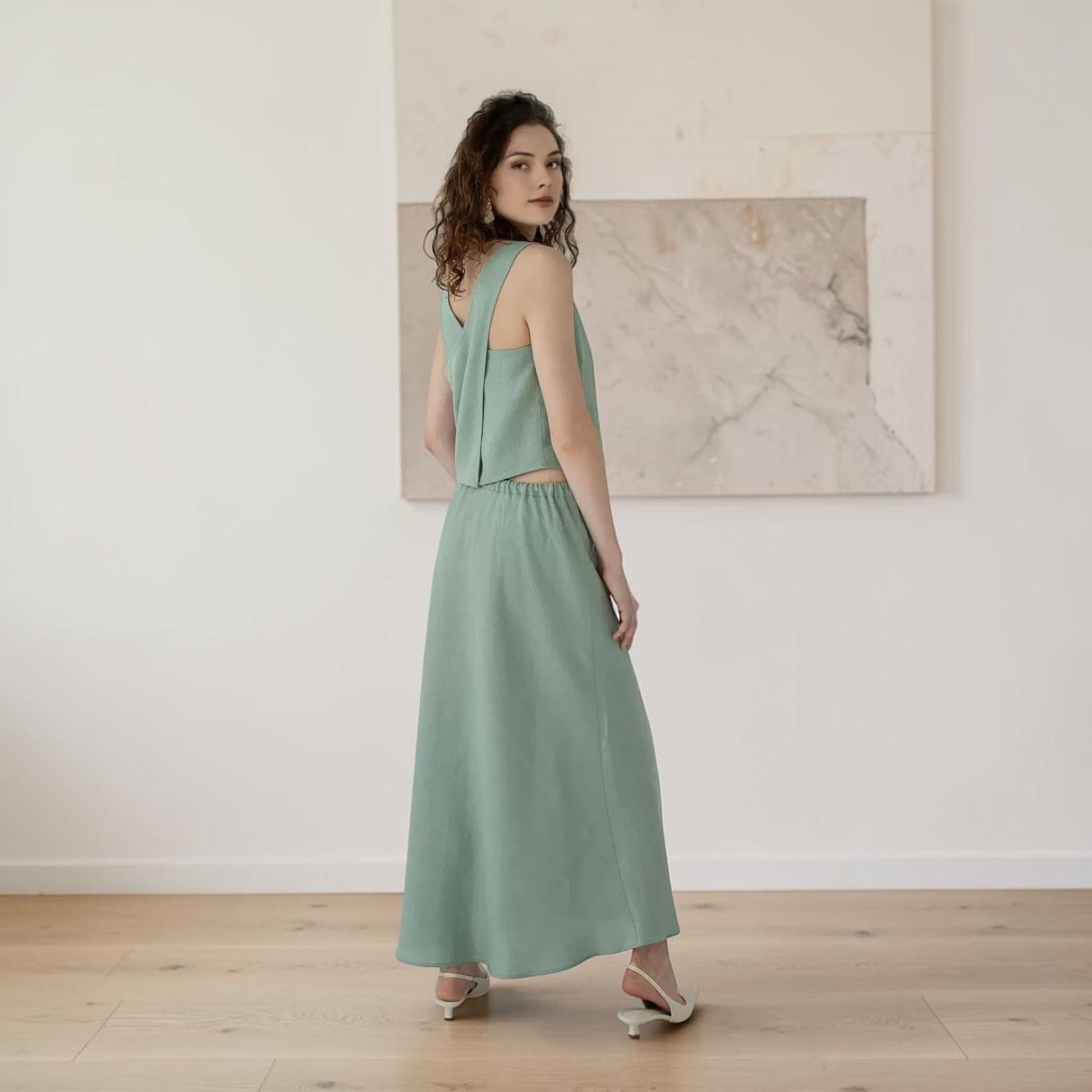 Linen Skirt Set, Cross Back Sleeveless Top And A-Line Maxi Skirt