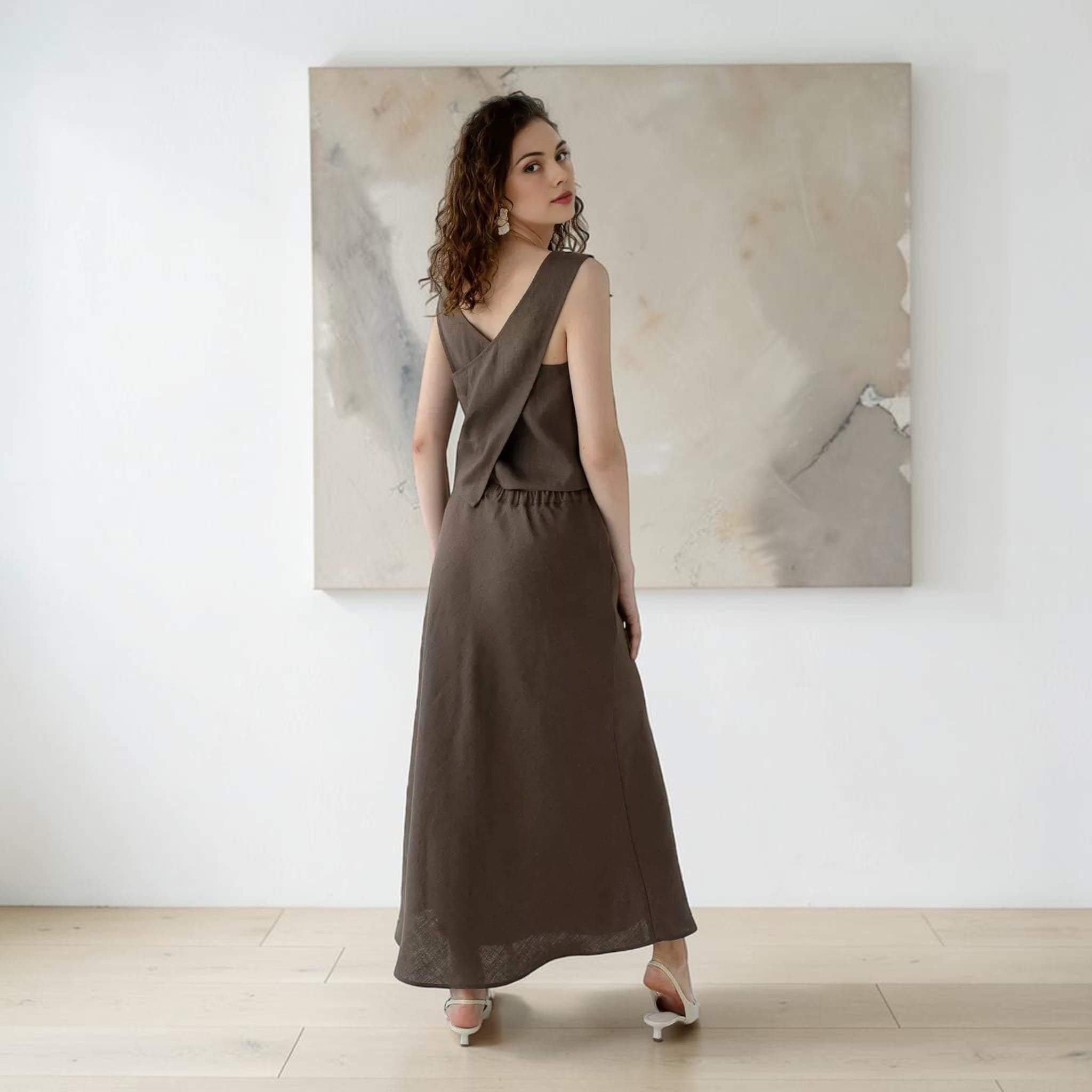 Linen Skirt Set, Cross Back Sleeveless Top And A-Line Maxi Skirt