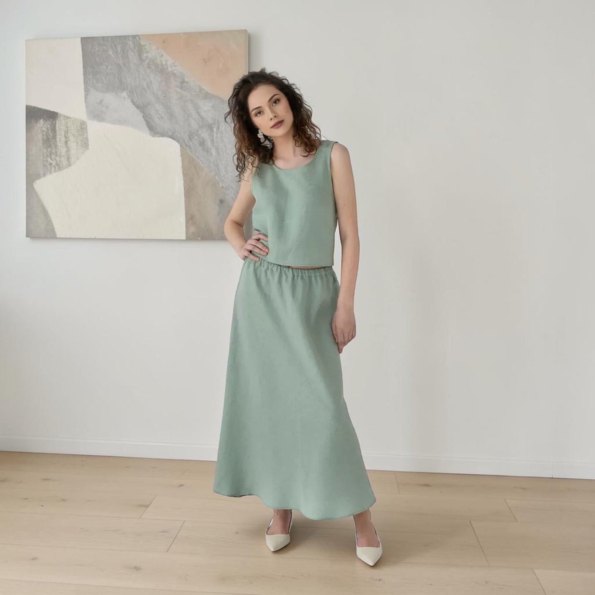Linen Skirt Set, Cross Back Sleeveless Top And A-Line Maxi Skirt
