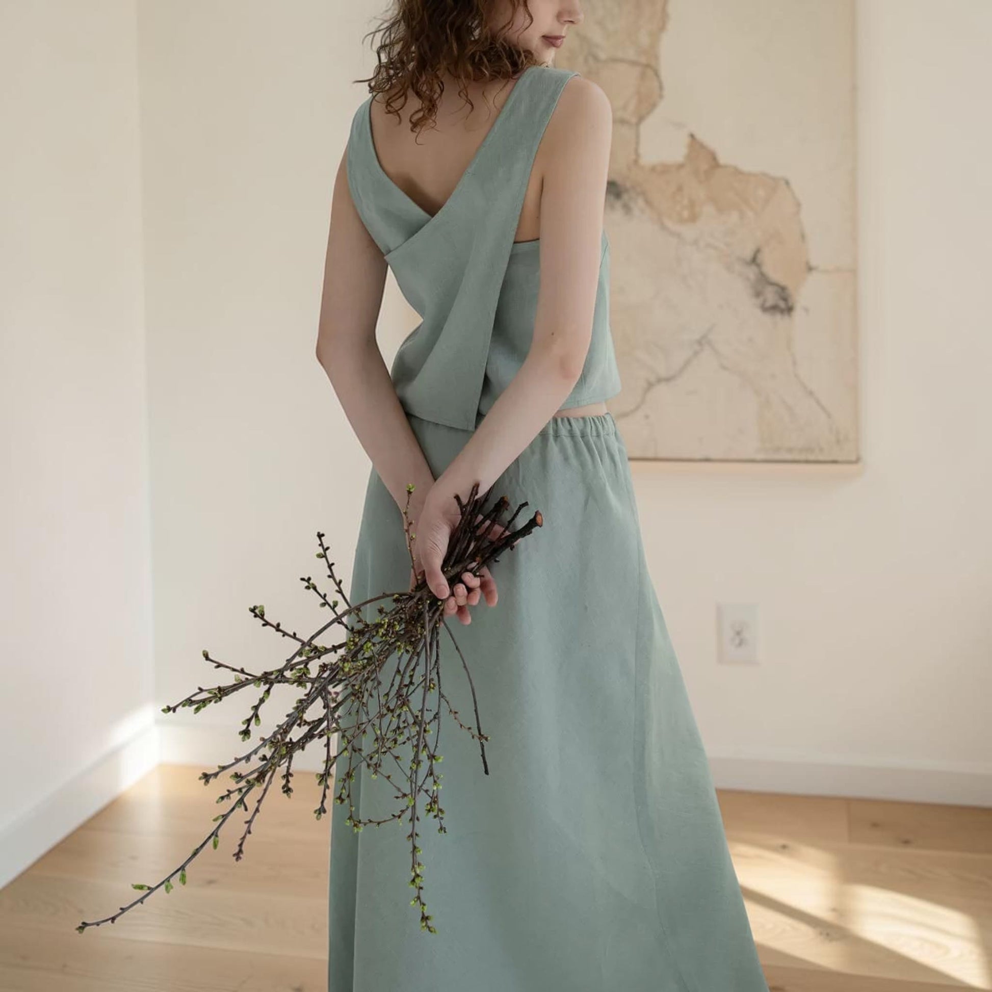 Linen Skirt Set, Cross Back Sleeveless Top And A-Line Maxi Skirt