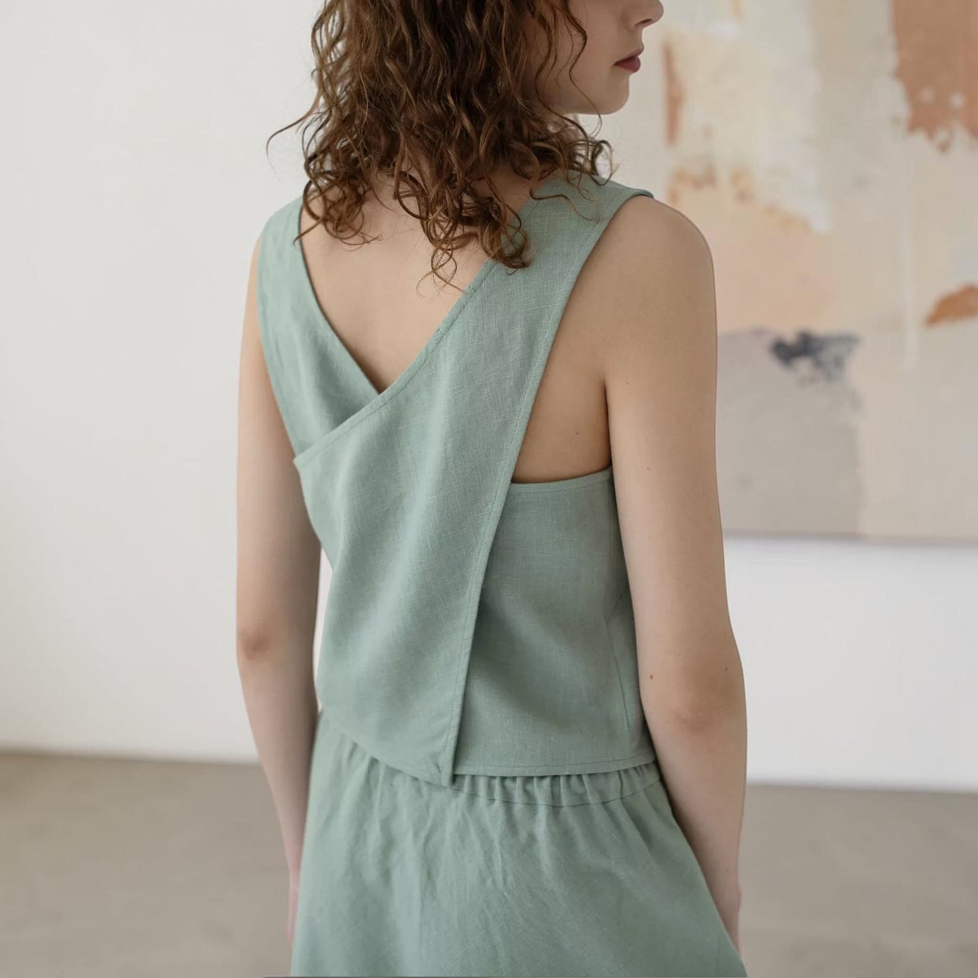 Linen Skirt Set, Cross Back Sleeveless Top And A-Line Maxi Skirt