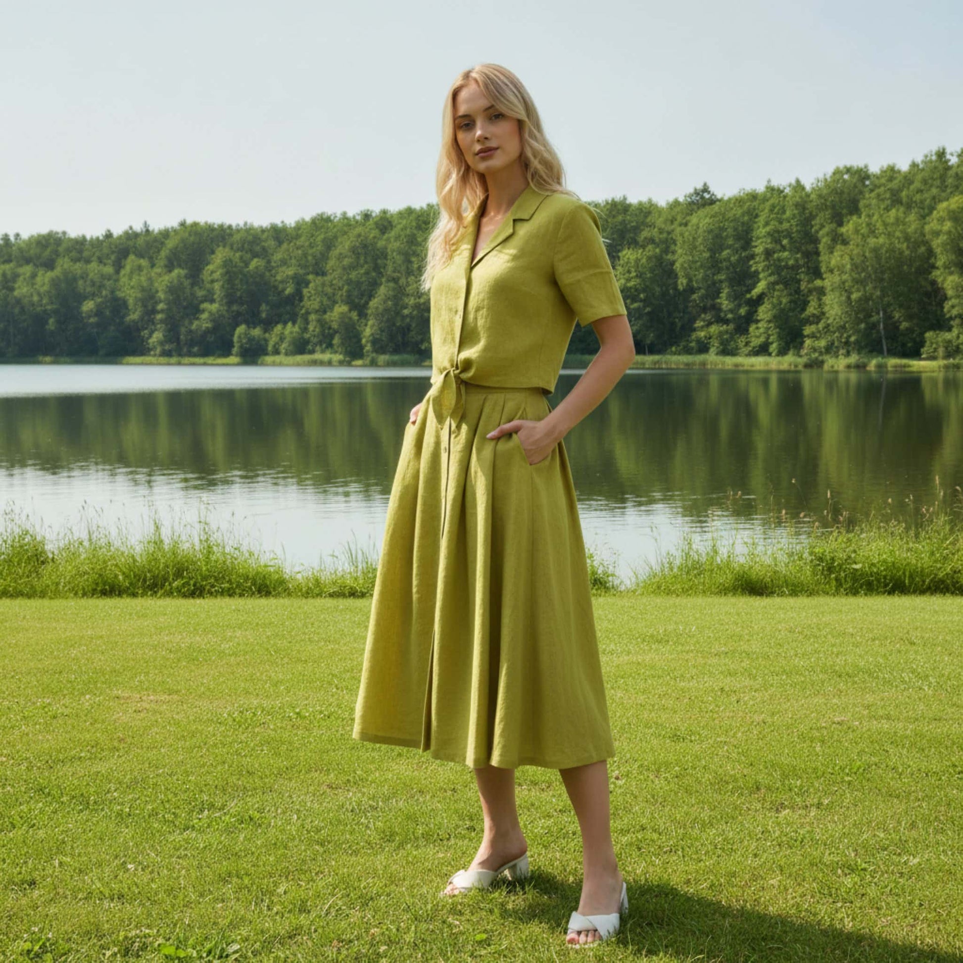 Linen Skirt Set, Front Tie Cropped Shirt and Button Midi Skirt