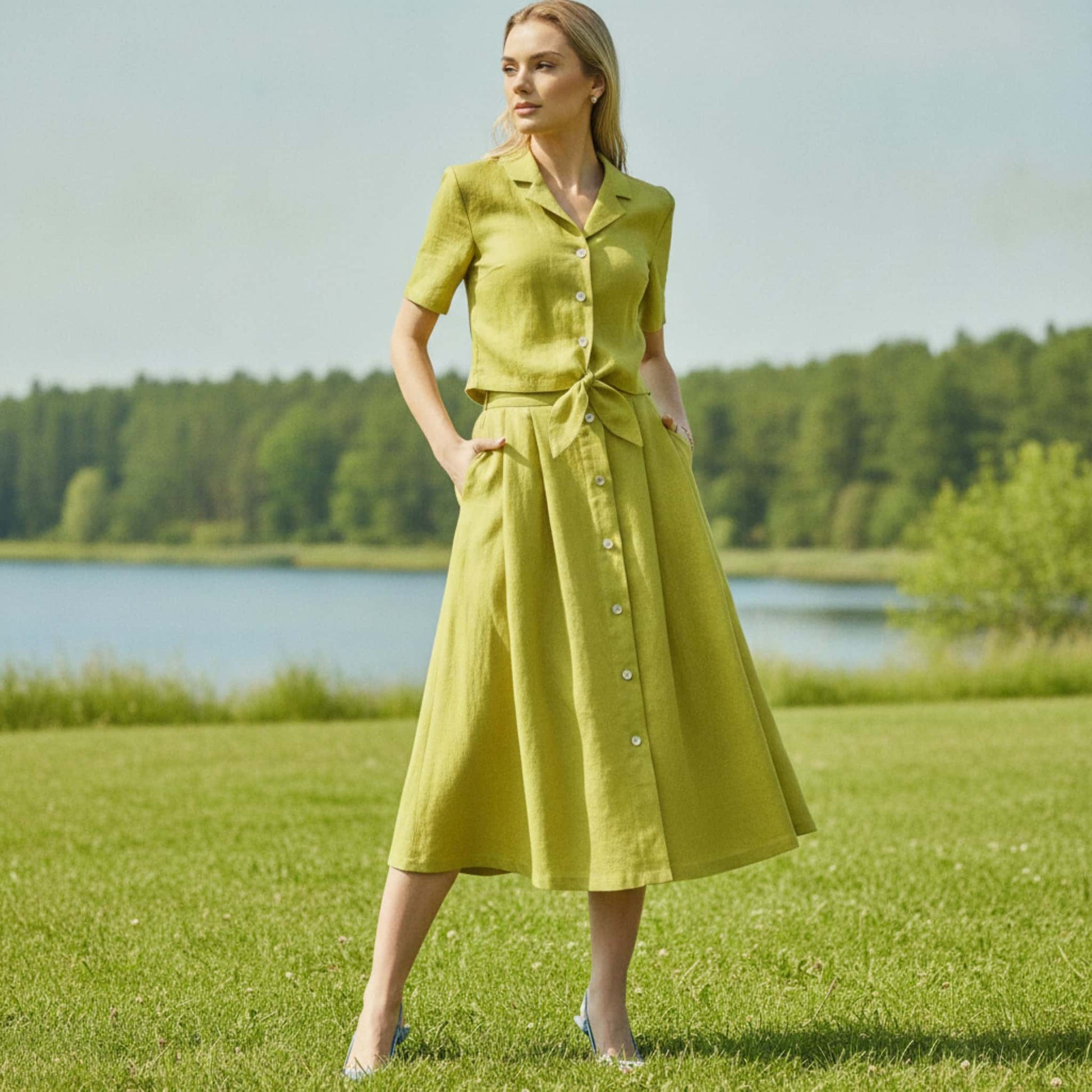 Linen Skirt Set, Front Tie Cropped Shirt and Button Midi Skirt