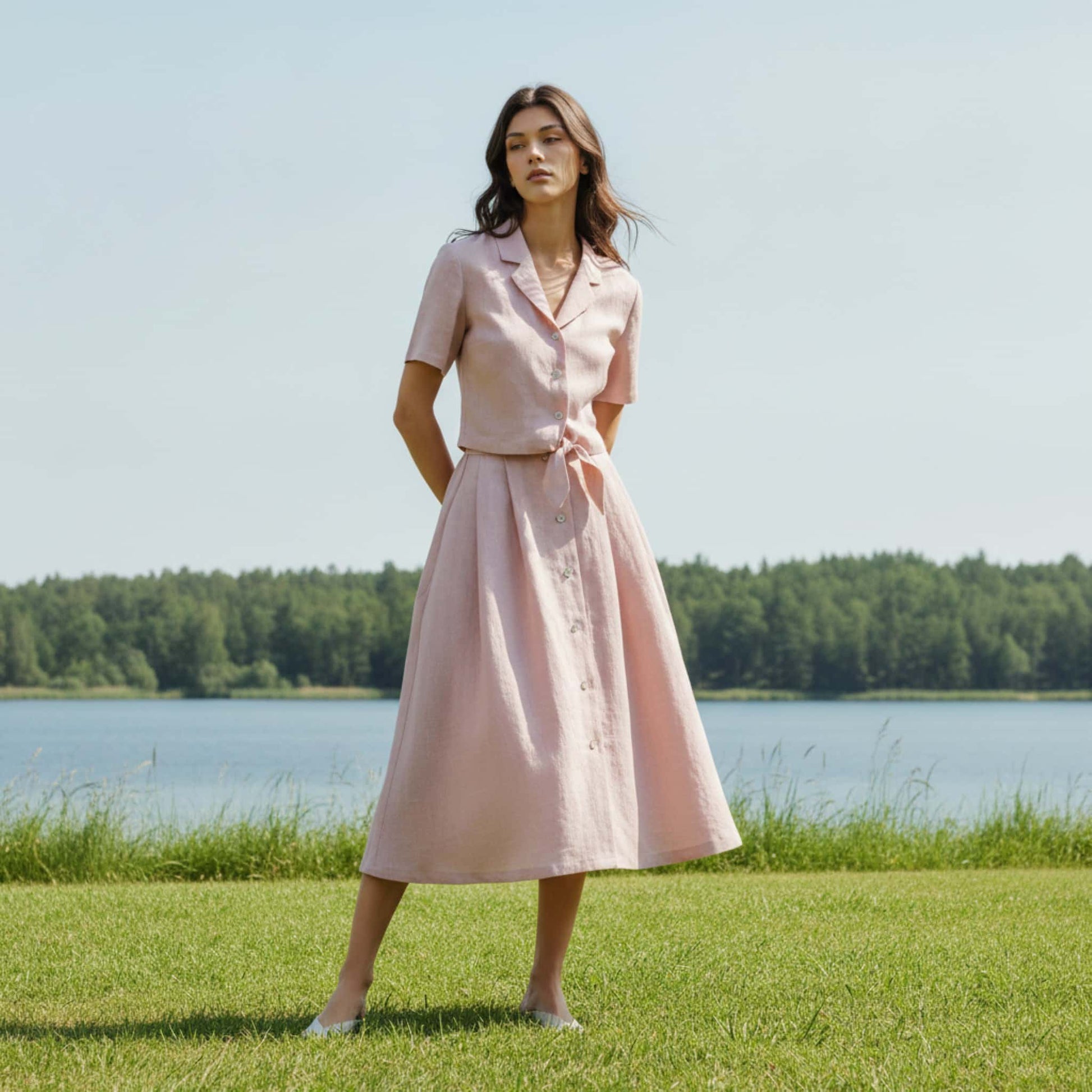 Linen Skirt Set, Front Tie Cropped Shirt and Button Midi Skirt