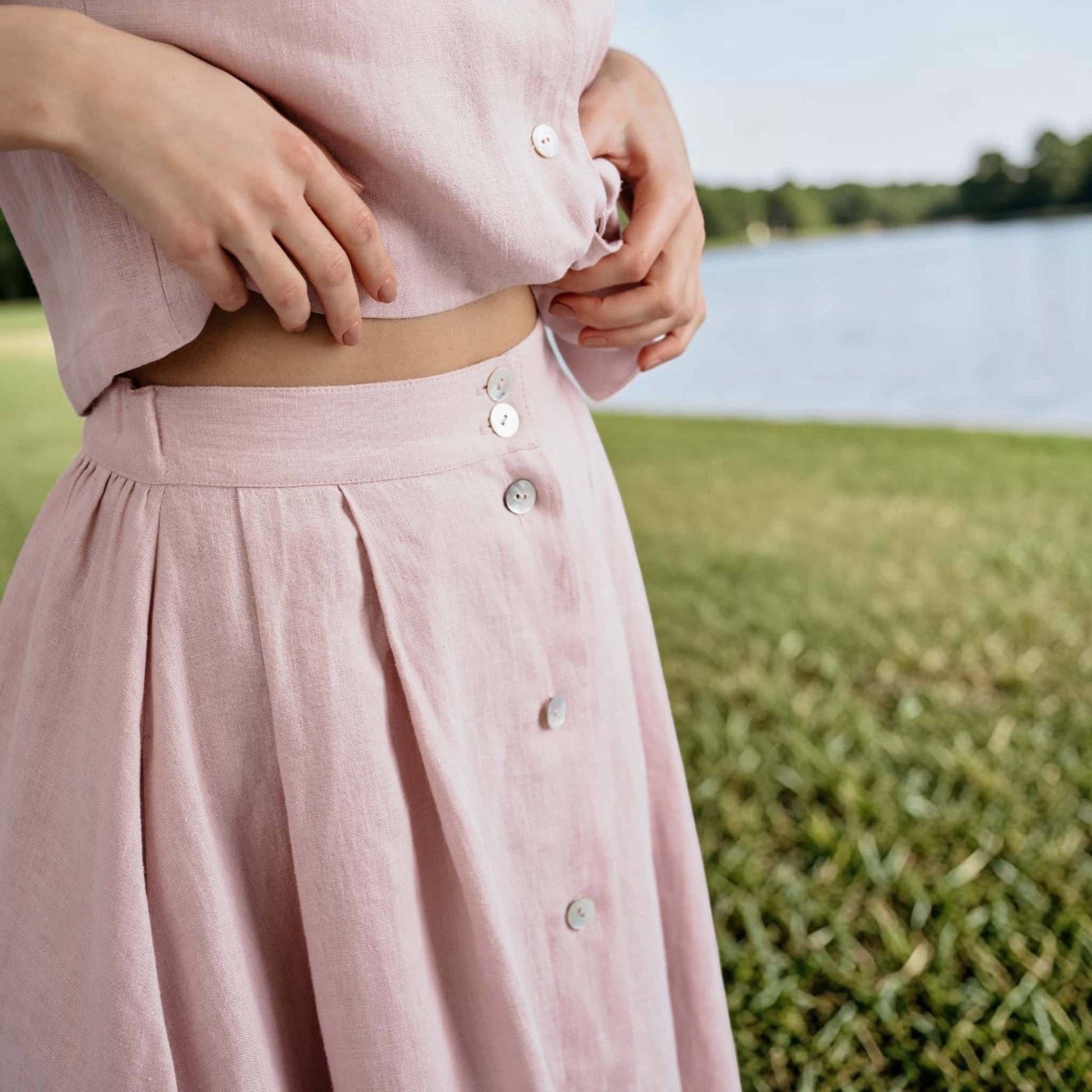 Linen Skirt Set, Front Tie Cropped Shirt and Button Midi Skirt