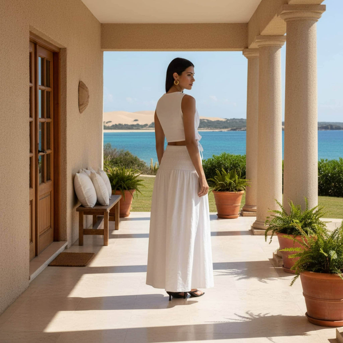 Linen Skirt Set, Linen Tie Front Top And Maxi Skirt Set
