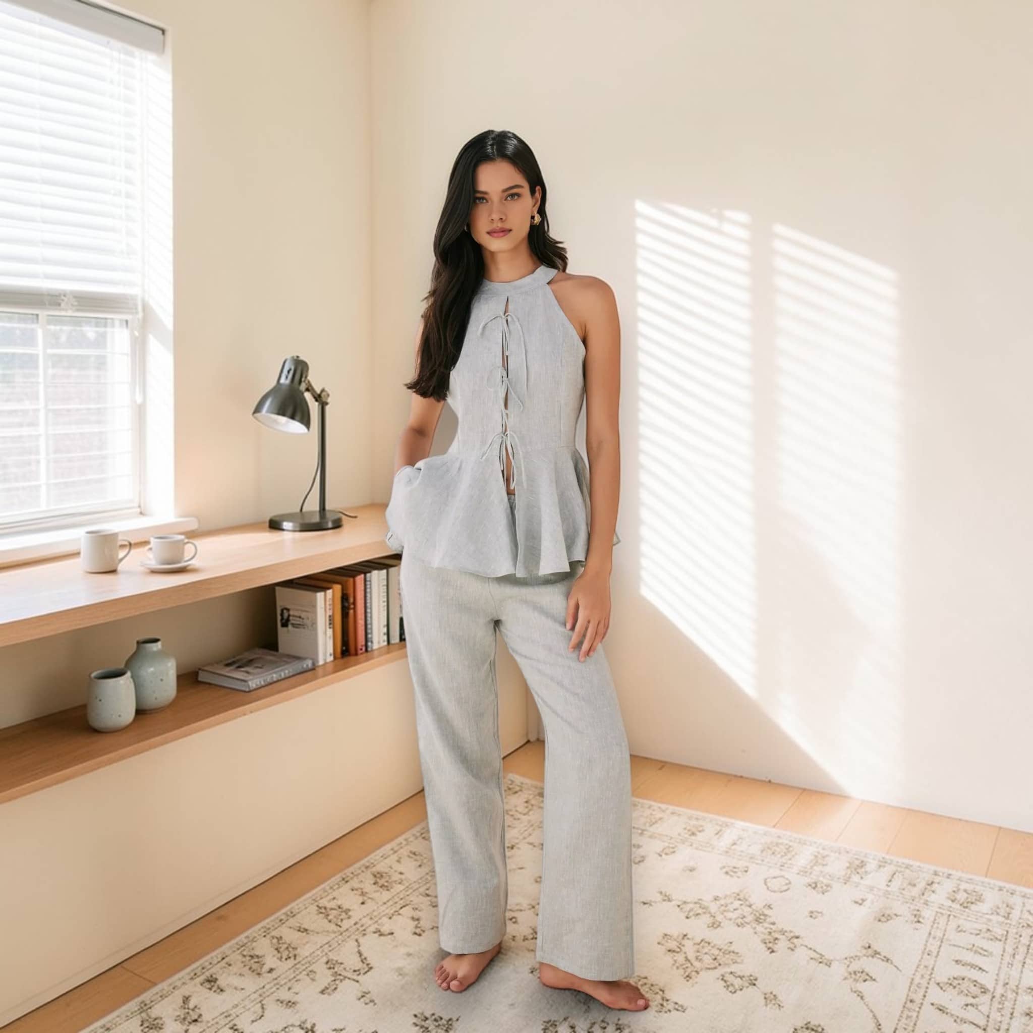 Linen Pants Set, Halter Neck Peplum Top And Wide Leg Pants Set