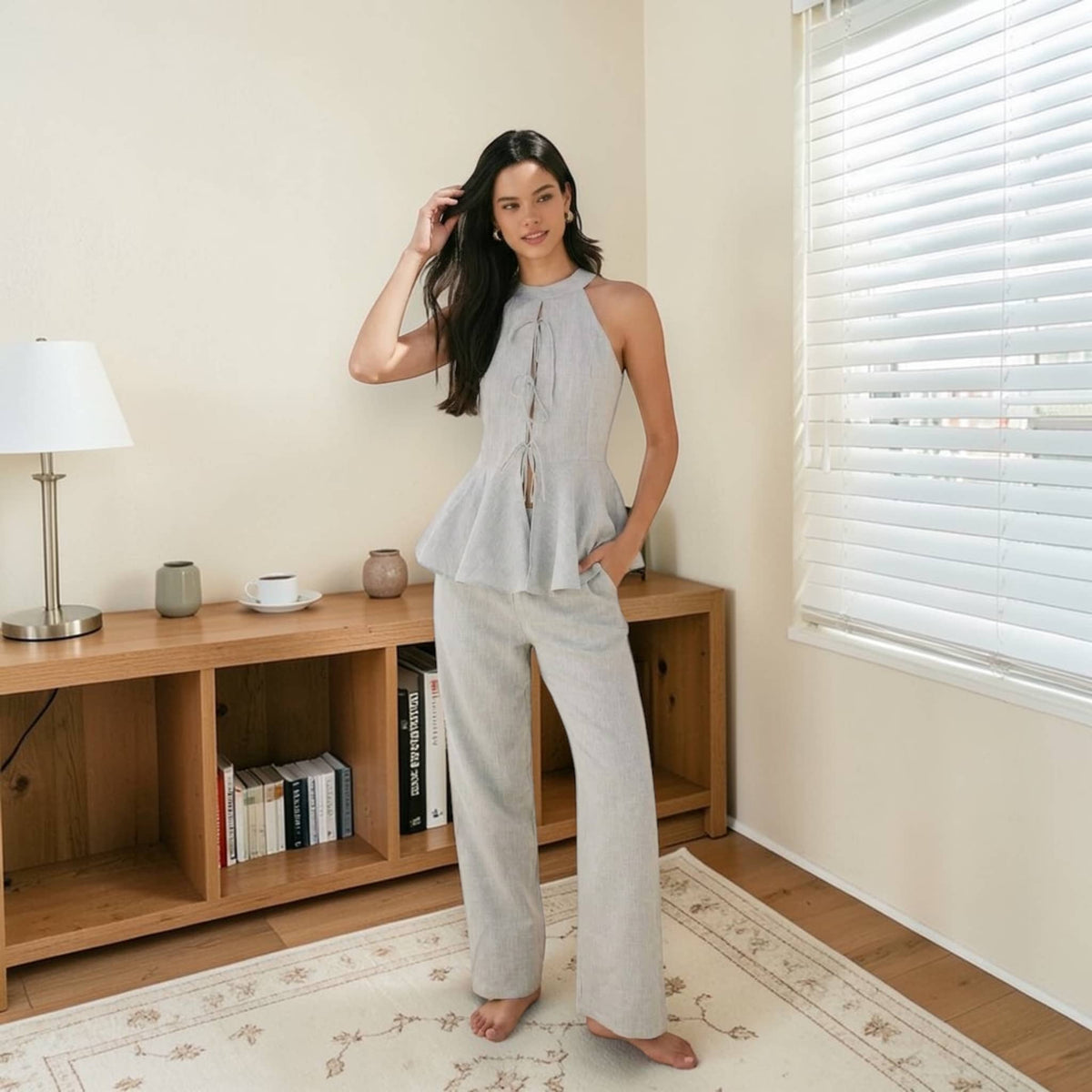 Linen Pants Set, Halter Neck Peplum Top And Wide Leg Pants Set