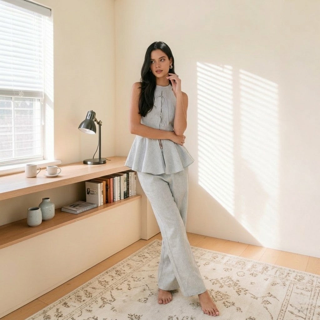 Linen Pants Set, Halter Neck Peplum Top And Wide Leg Pants Set