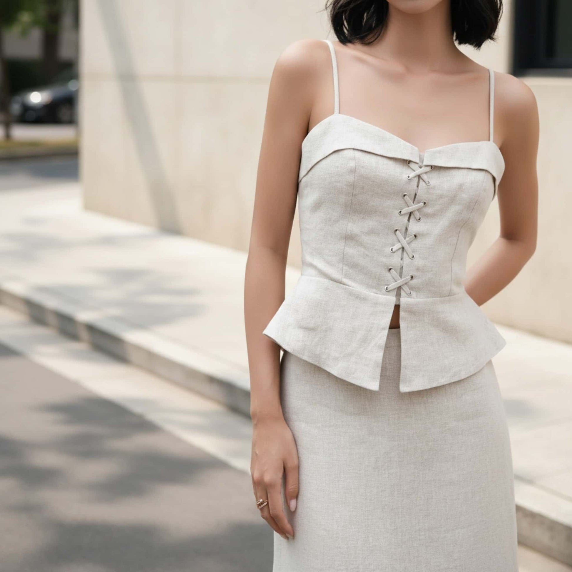 Linen Skirt Set, Peplum Corset Top And Maxi Skirt Set