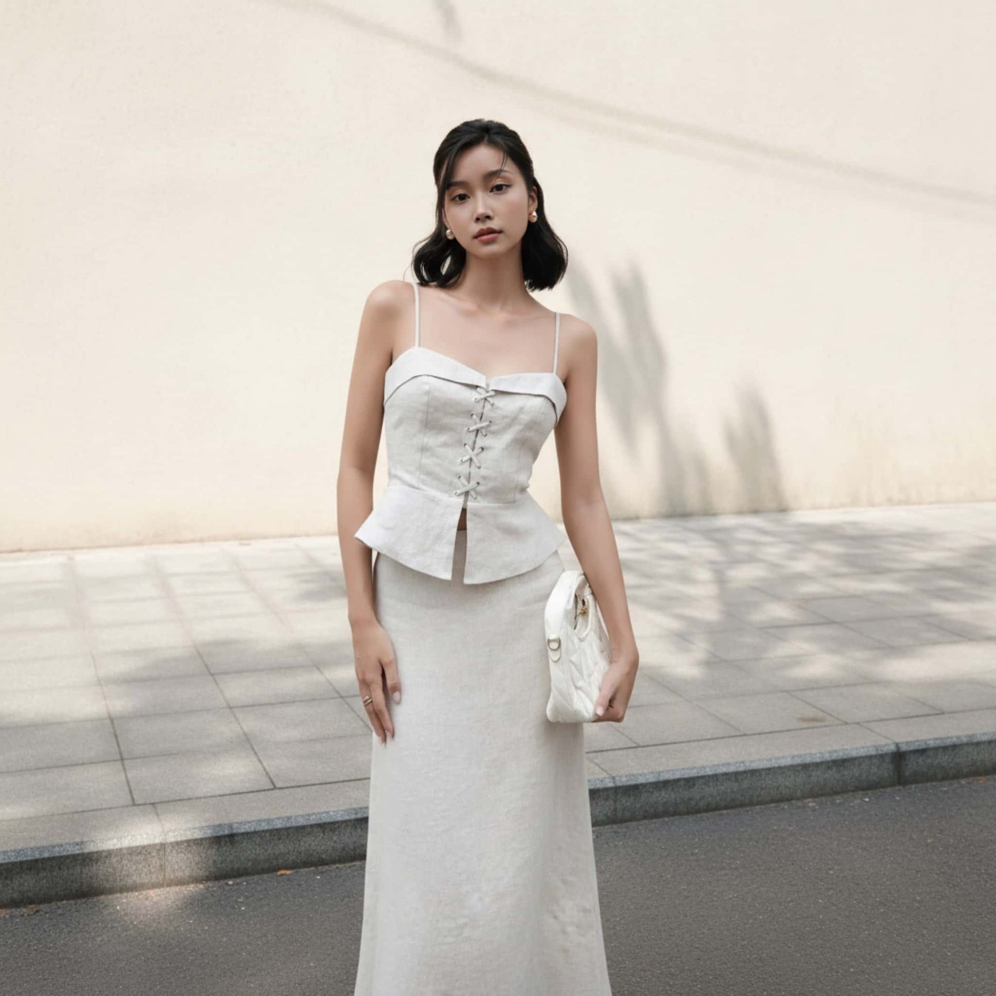 Linen Skirt Set, Peplum Corset Top And Maxi Skirt Set