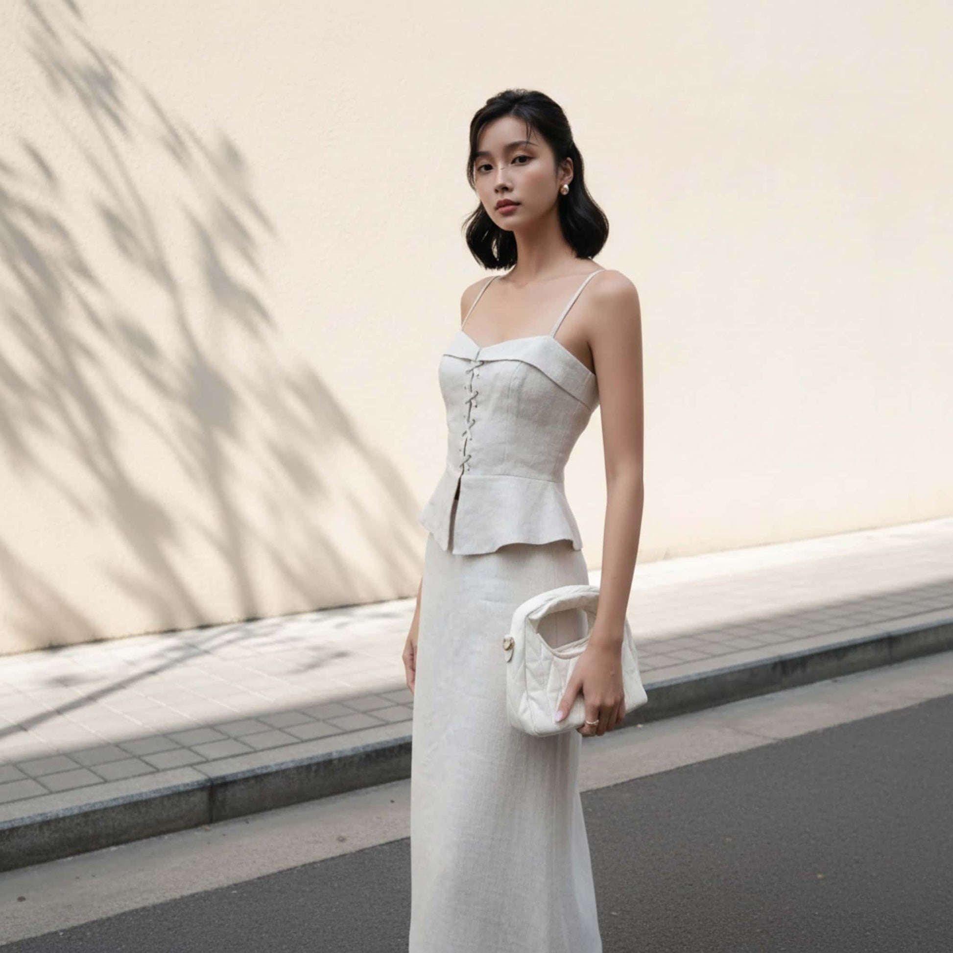 Linen Skirt Set, Peplum Corset Top And Maxi Skirt Set