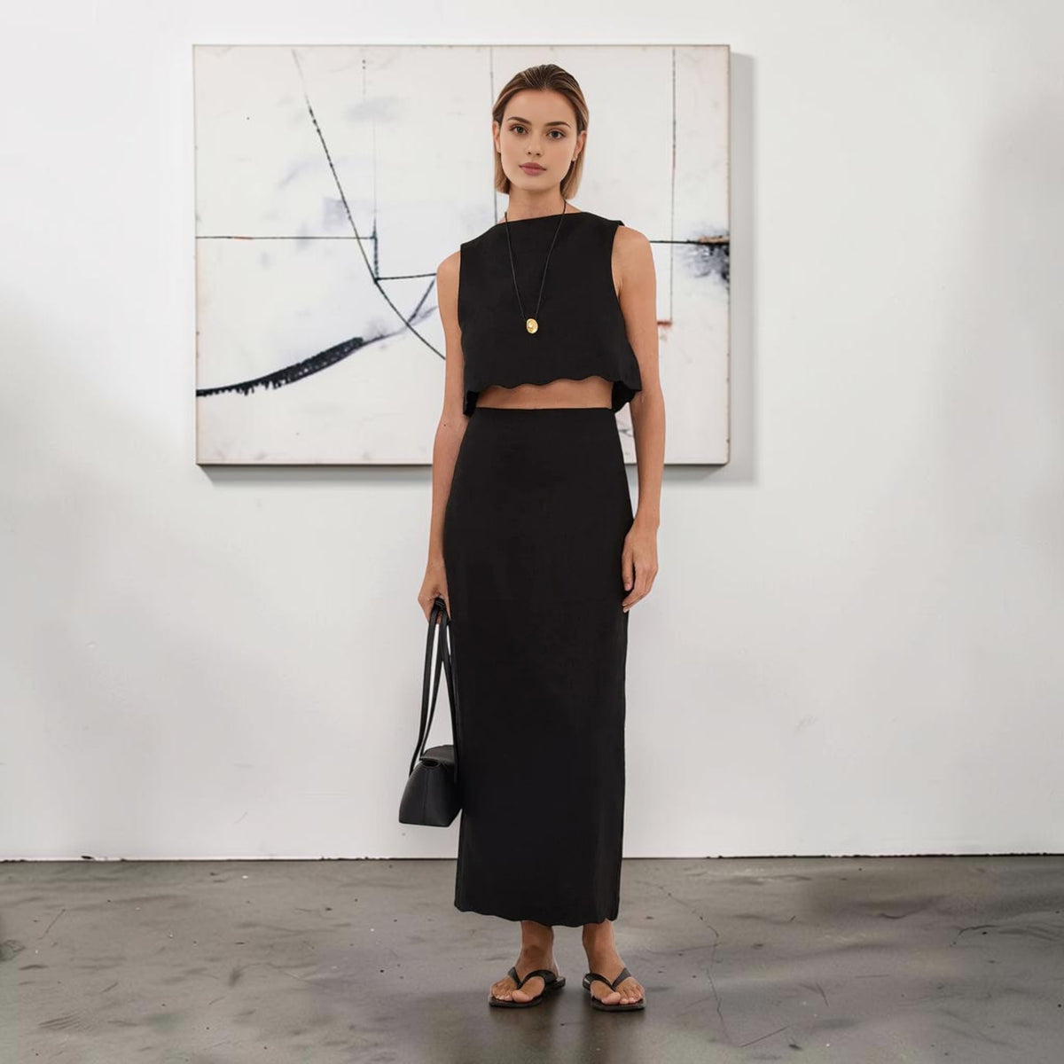 Linen Skirt Set, Scalloped Cropped Top And Back Slit Maxi Skirt