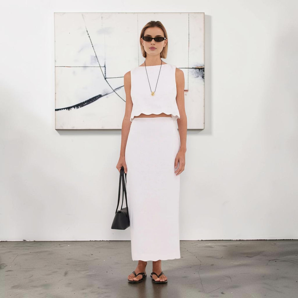 Linen Skirt Set, Scalloped Cropped Top And Back Slit Maxi Skirt