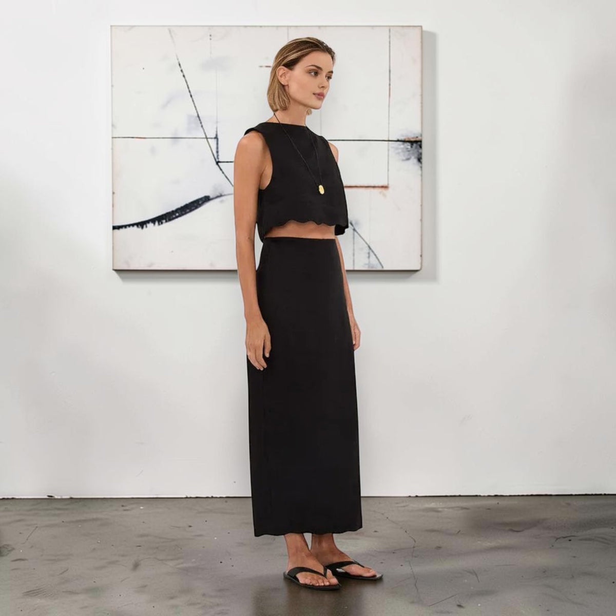 Linen Skirt Set, Scalloped Cropped Top And Back Slit Maxi Skirt