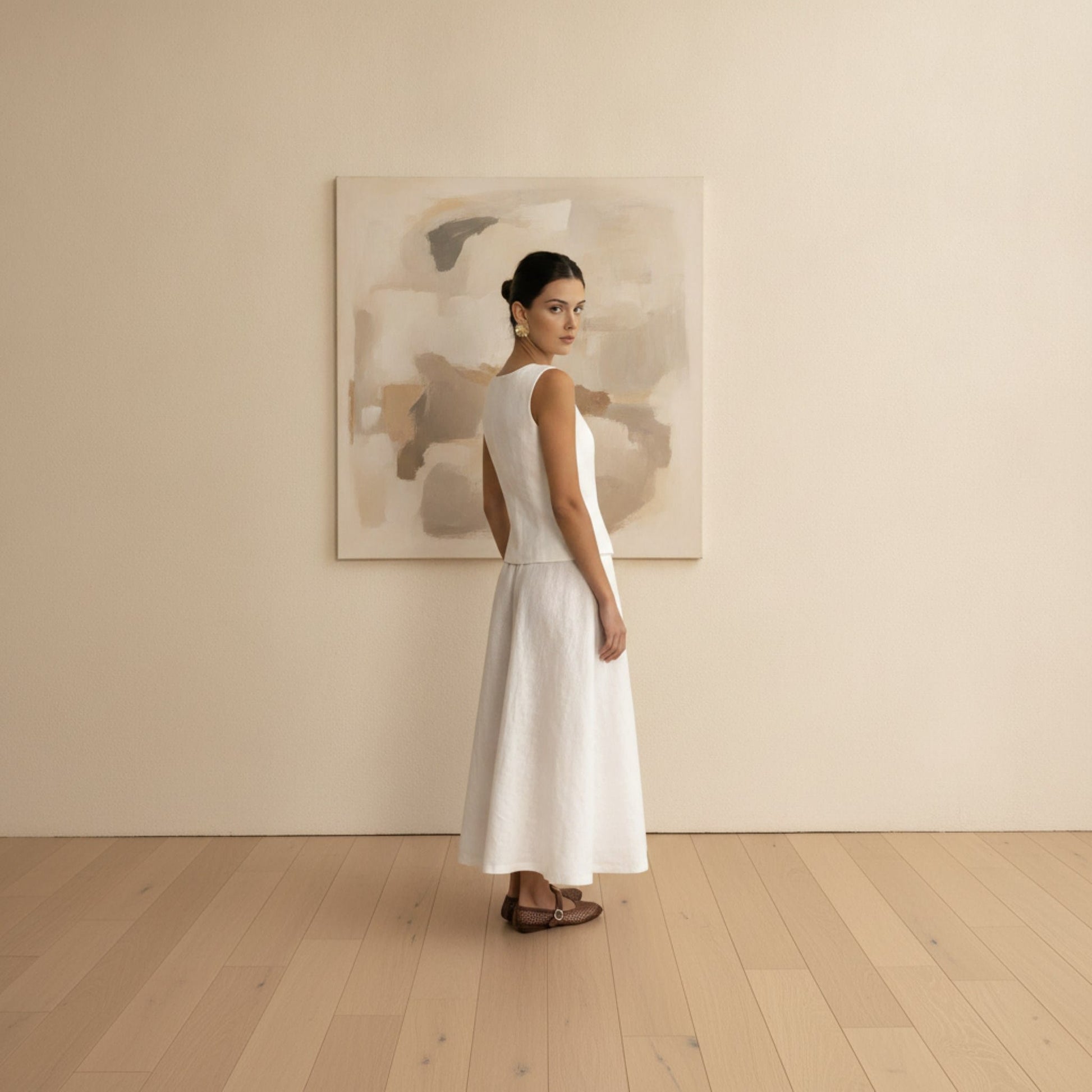 Linen Skirt Set, Scoop Neck Linen Vest And Drawstring Maxi Skirt