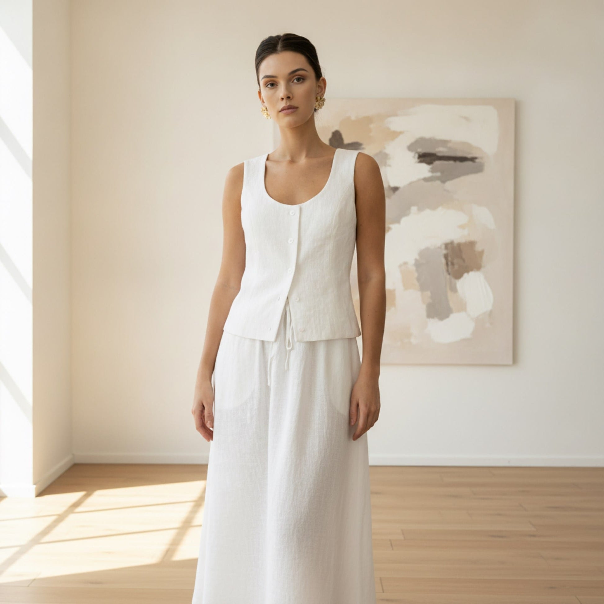 Linen Skirt Set, Scoop Neck Linen Vest And Drawstring Maxi Skirt